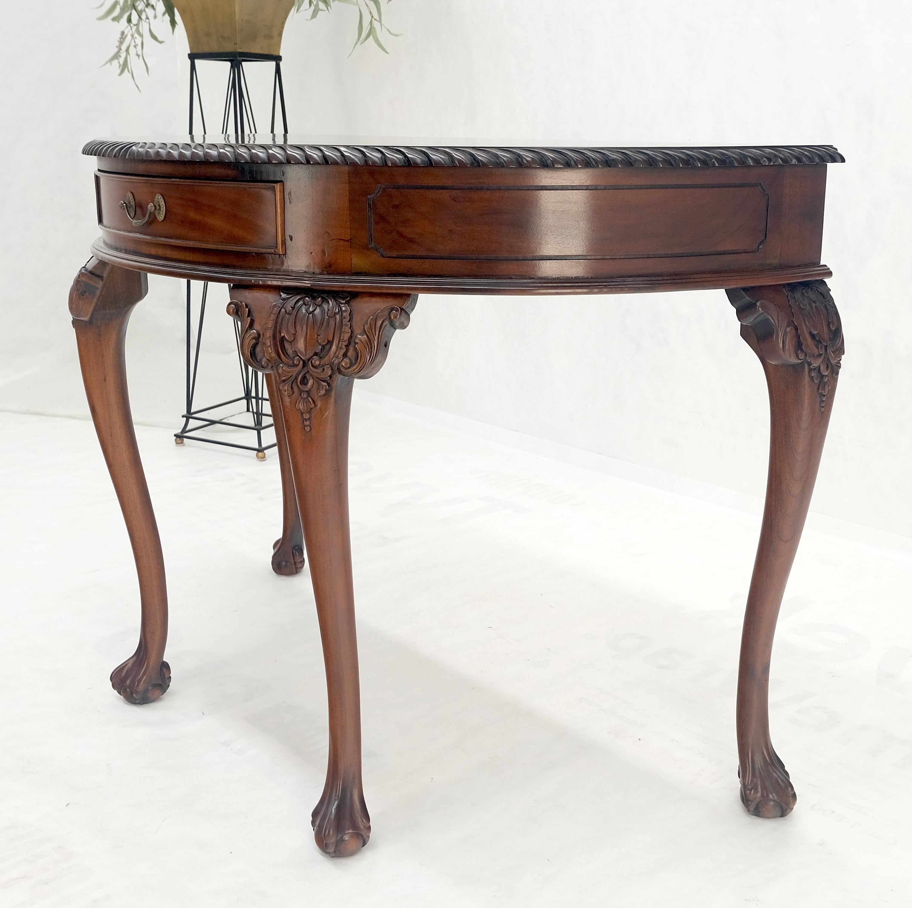 20th Century Demi Lune Carved Mahogany Rope Edge Ball & Claw Feet  One Drawer Console Table For Sale