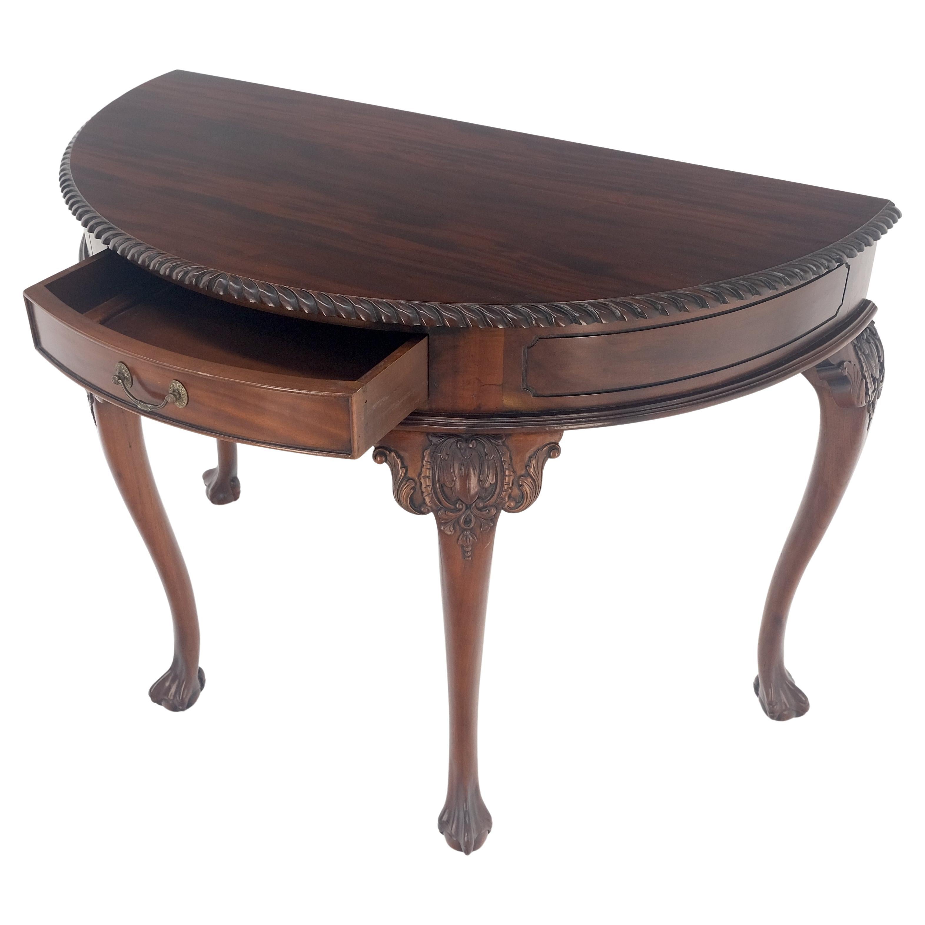 Demi Lune Carved Mahogany Rope Edge Ball & Claw Feet  One Drawer Console Table