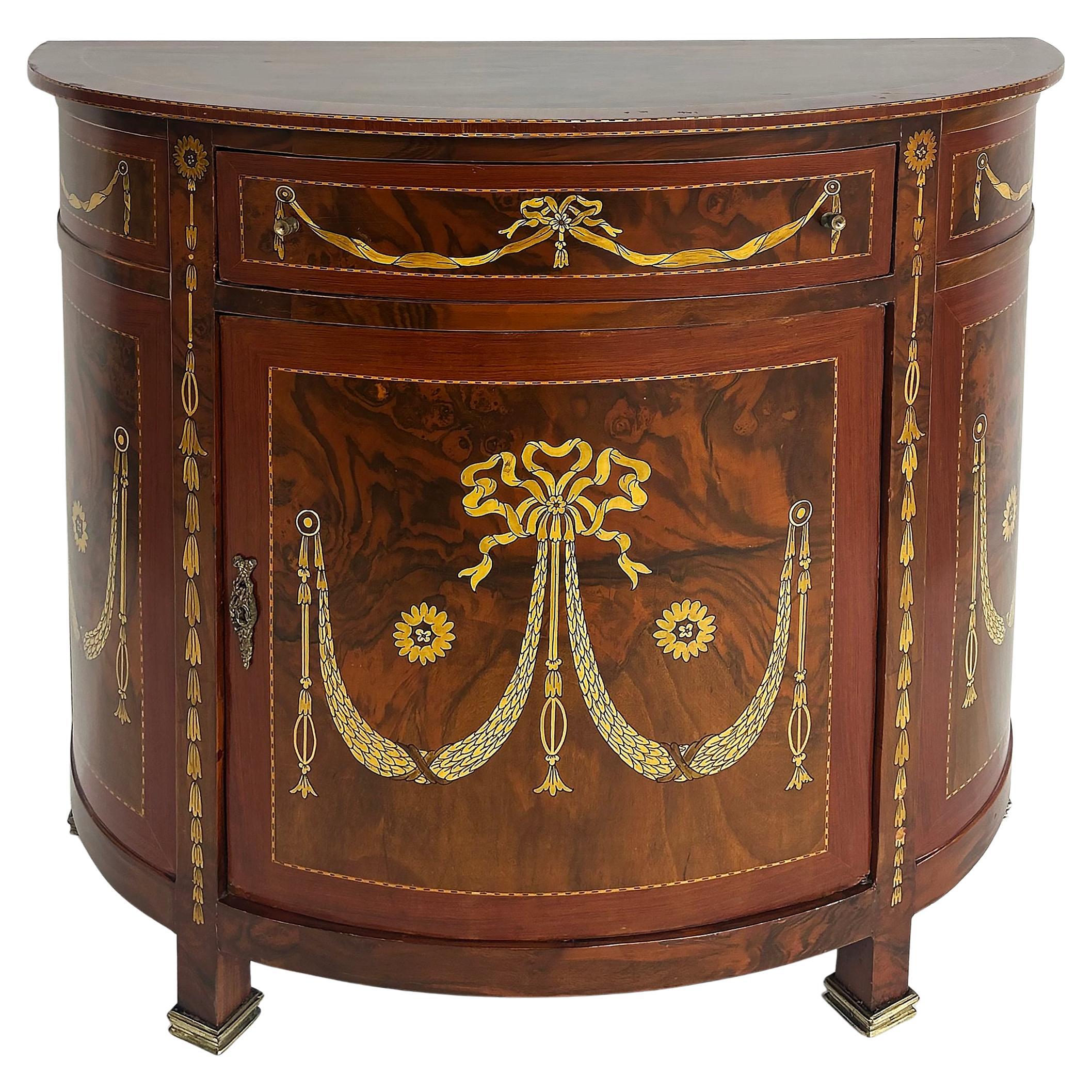 Demi-lune Console Cabinet with Inlays and Embellished with Painted Decorations For Sale