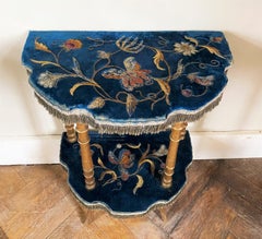 Demi-Lune Console Napoleon III Period Gilded Wood and Royal Bleu Velvet