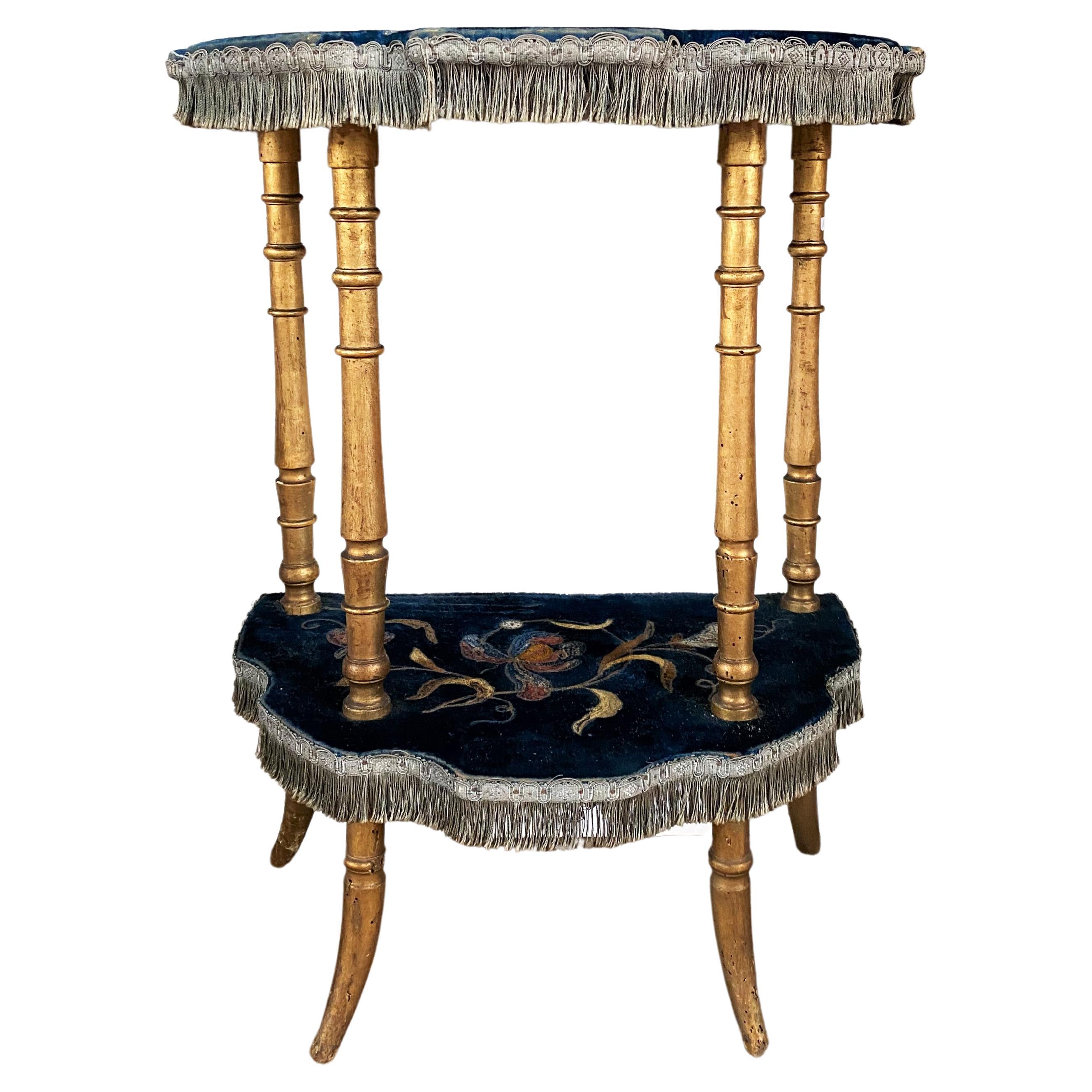 Demi-Lune Console Napoleon III Period Gilded Wood and Royal Bleu Velvet For Sale
