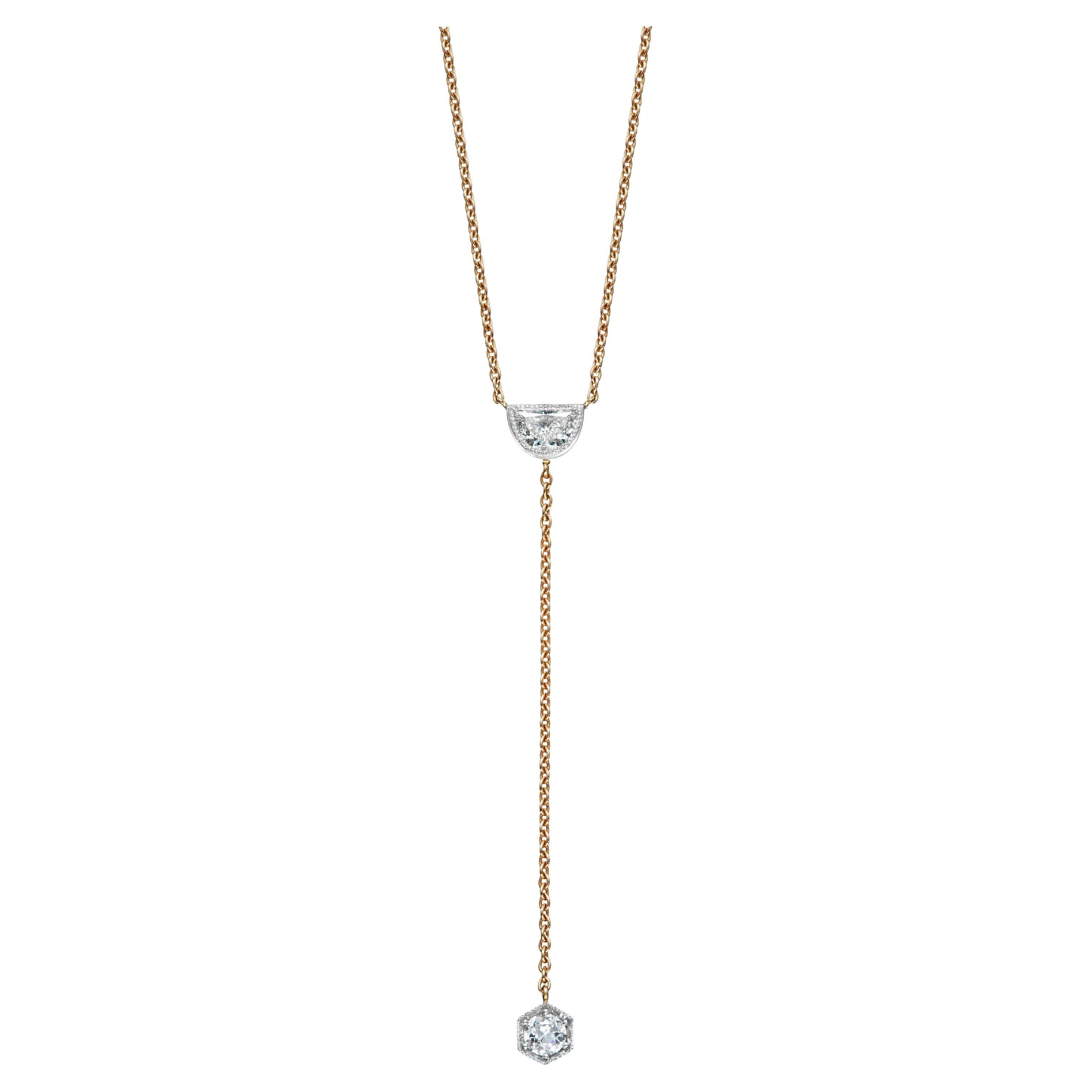 Art Deco inspirierte Halskette mit Lariat-Anhänger, Diamant Gelbgold & Platin