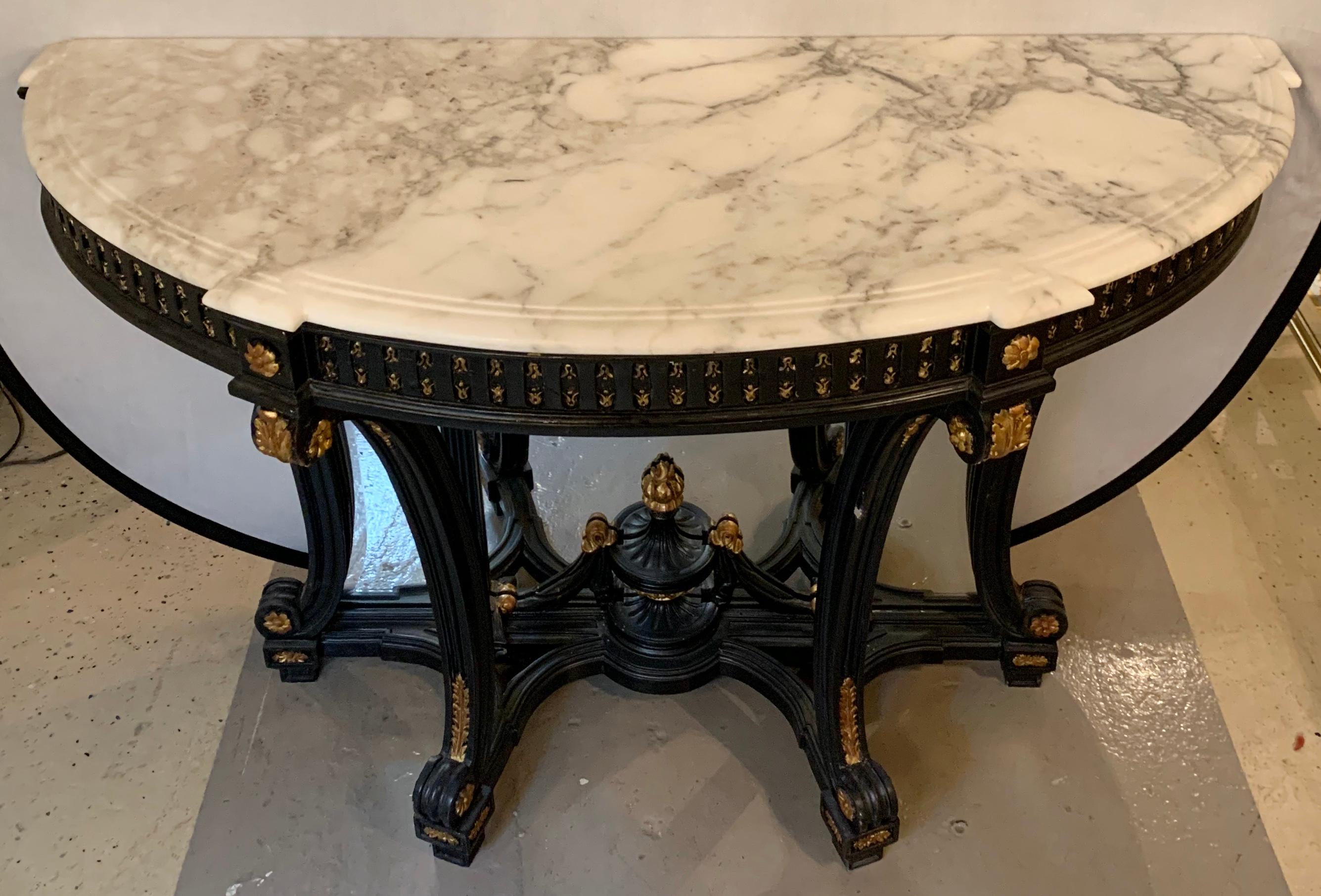 20th Century Demi Lune Ebony & Gilt Hollywood Regency Style Marble-Top Consoles, a Pair 