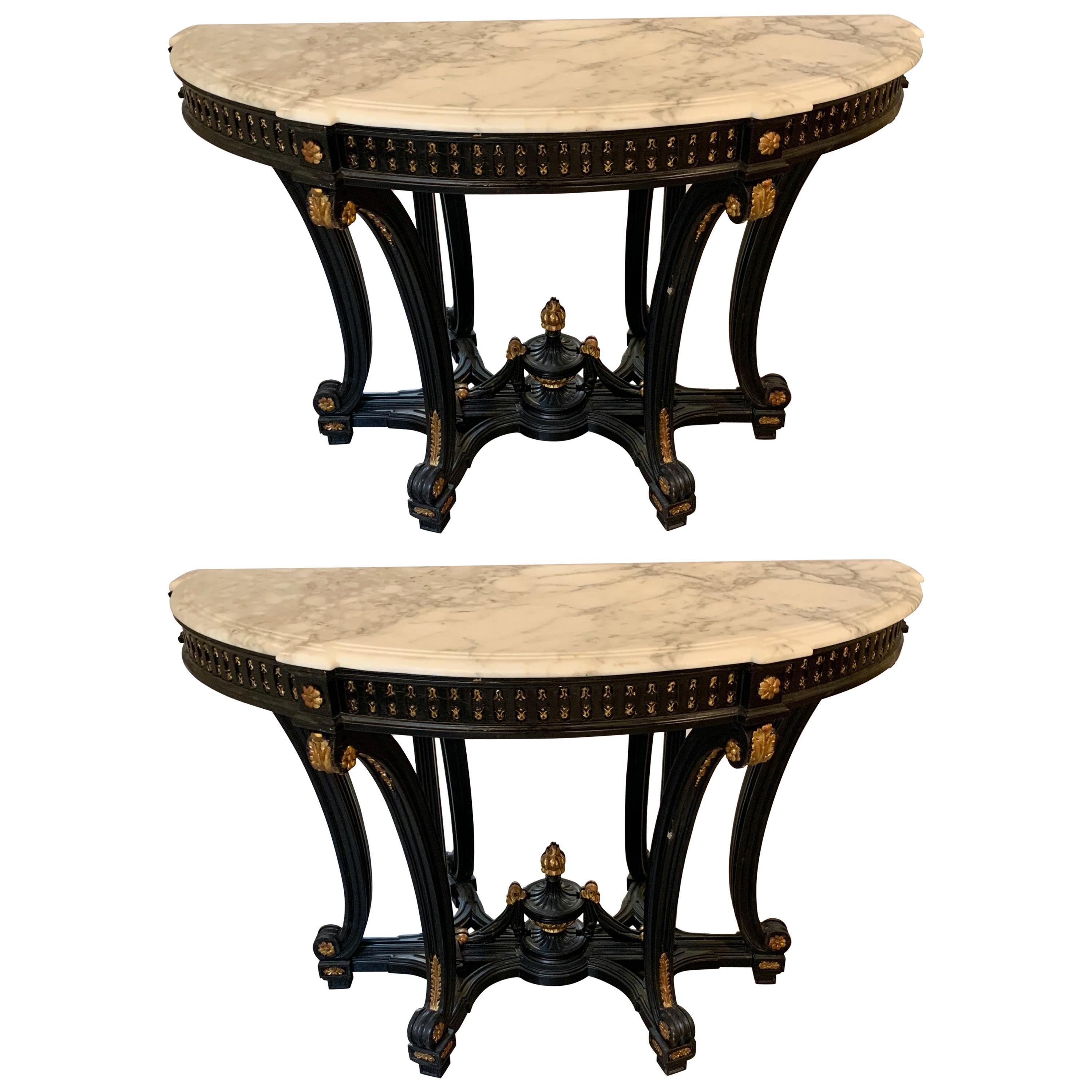 Demi Lune Ebony & Gilt Hollywood Regency Style Marble-Top Consoles, a Pair 