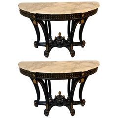 Demi Lune Ebony & Gilt Hollywood Regency Style Marble-Top Consoles, a Pair 