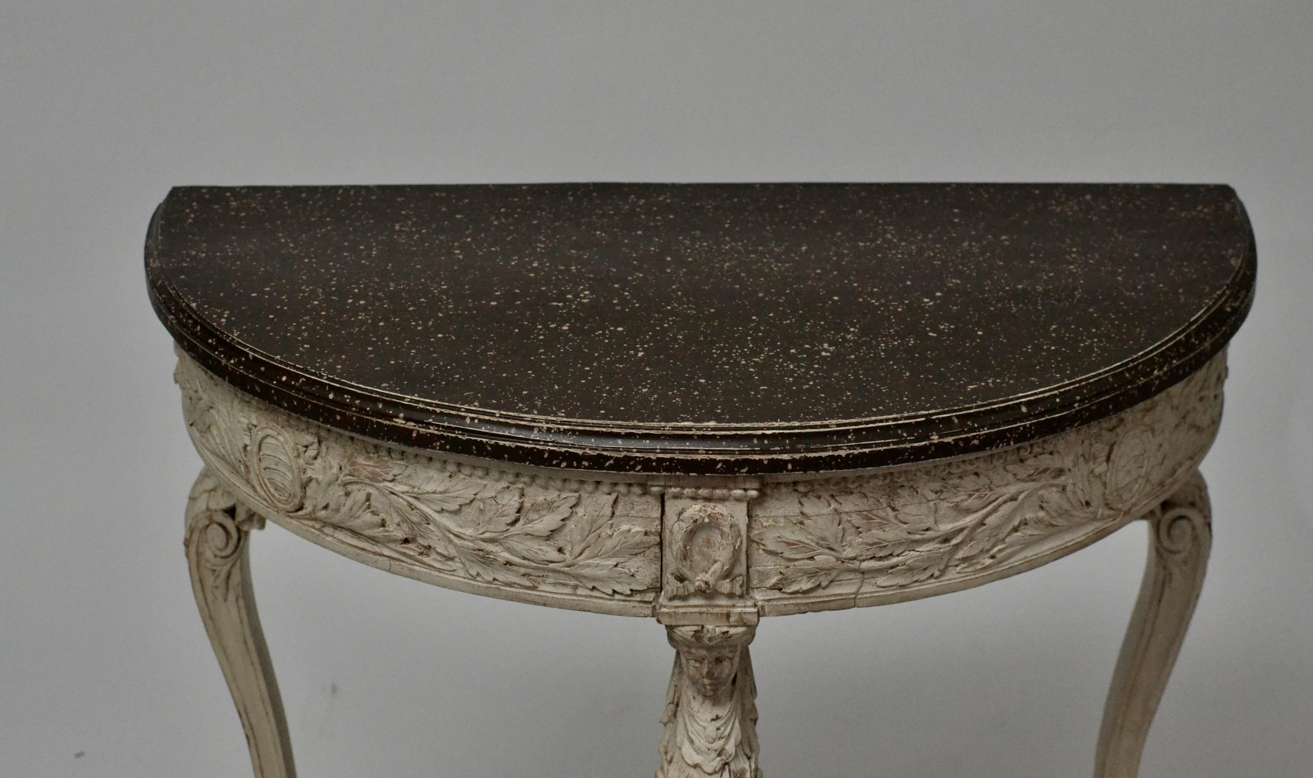 Hand-Carved Gustavian Console Table with a Faux Porphyry Painted Top