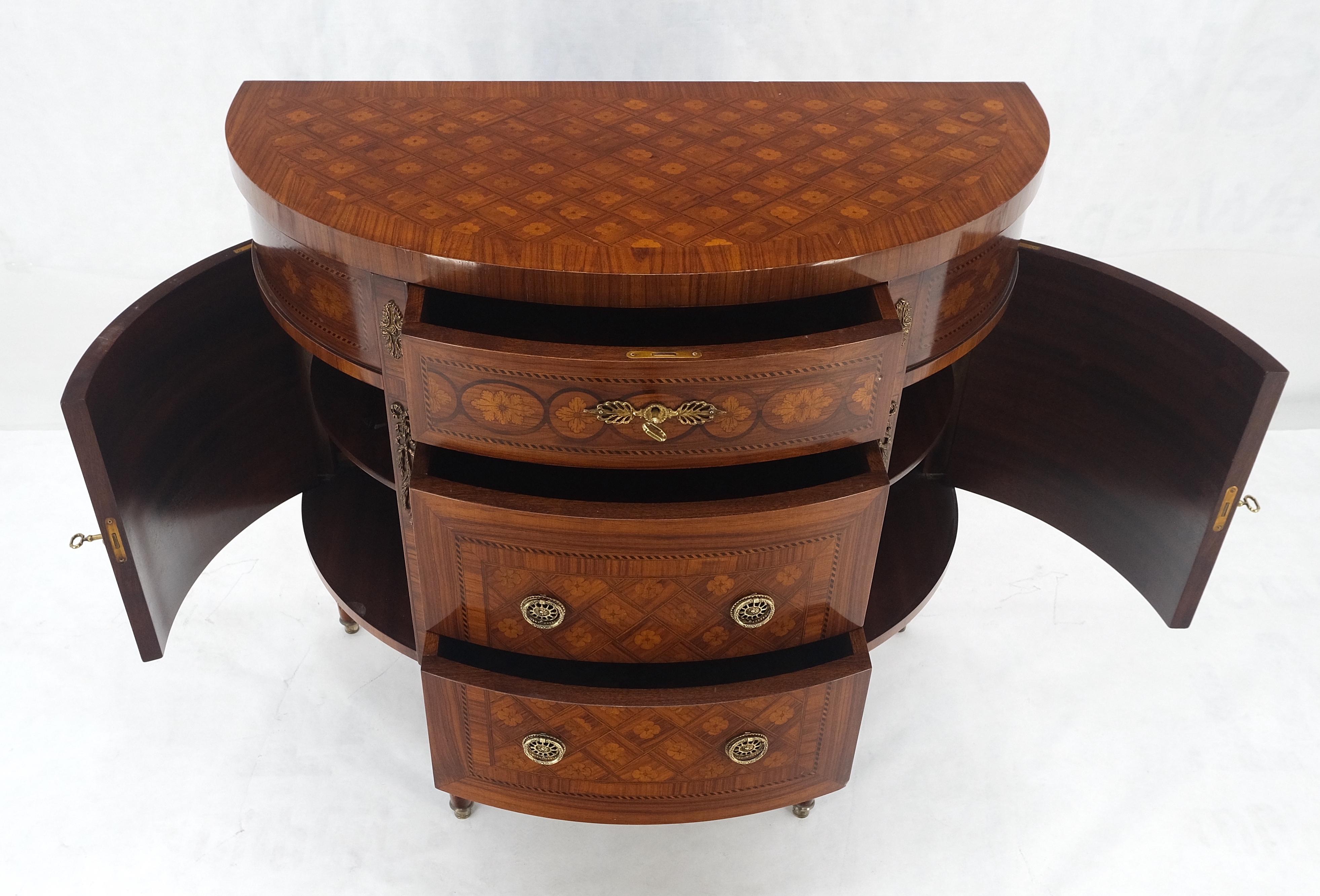 Demi Lune Français Louis XV Commode 3 Tiroirs Marqueterie Bronze MINT en vente 6