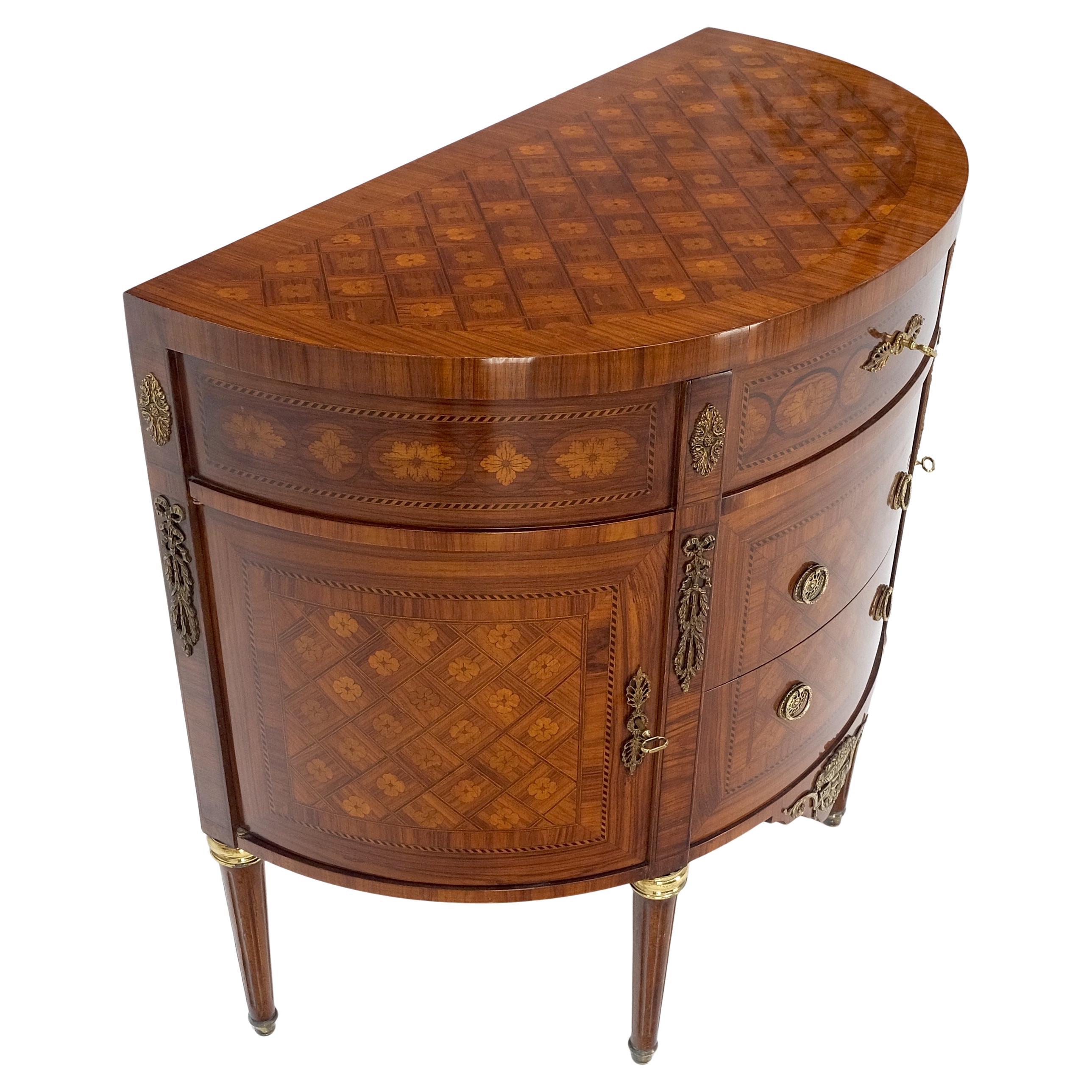 Demi Lune French Louis XV Marquetry Top 3 Drawer Dresser Commode Bronze MINT