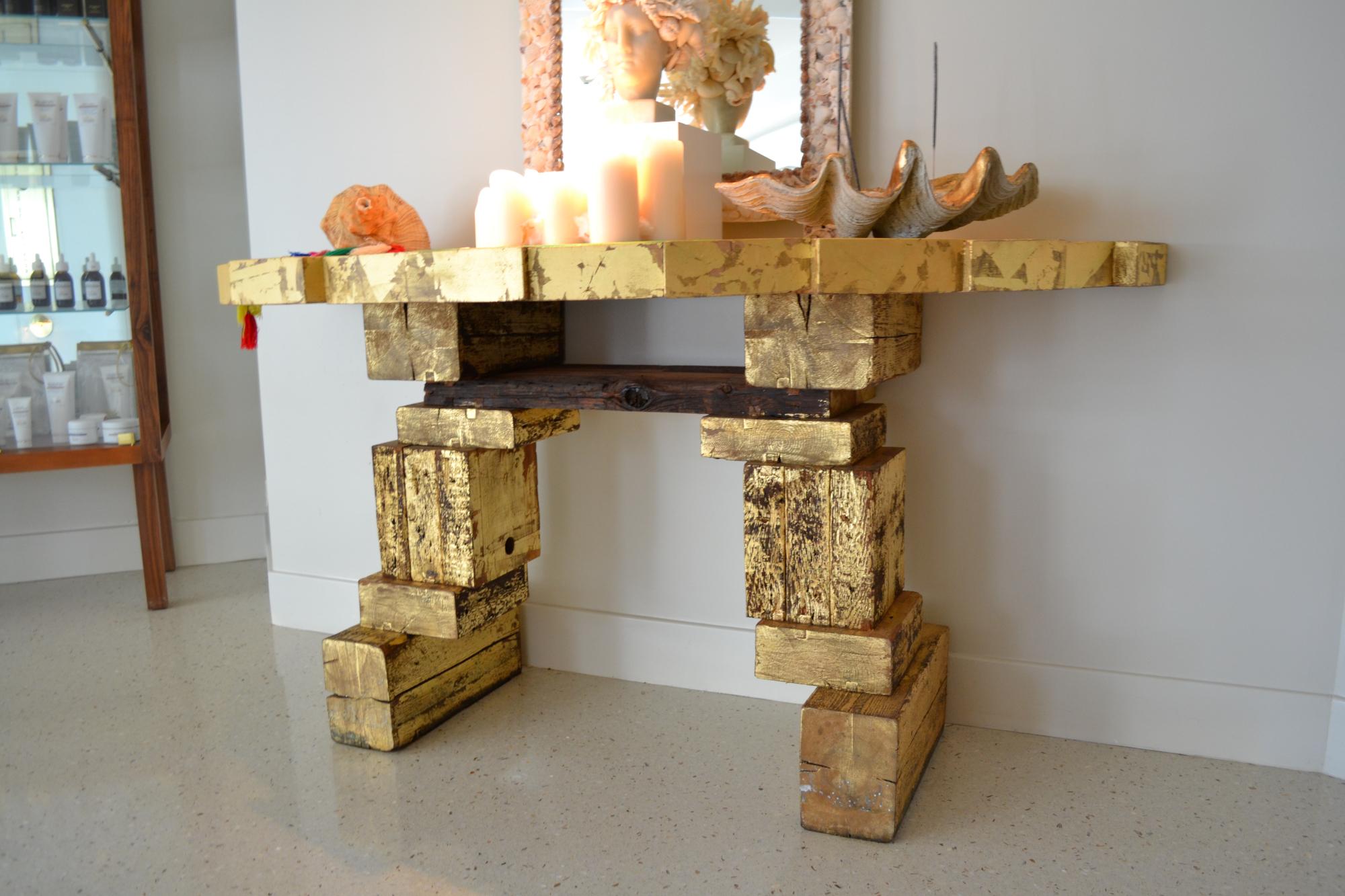 Demi-Lune Gilt Console Table Reclaimed Wood Handcrafted by Rafael Calvo In New Condition For Sale In Miami, FL