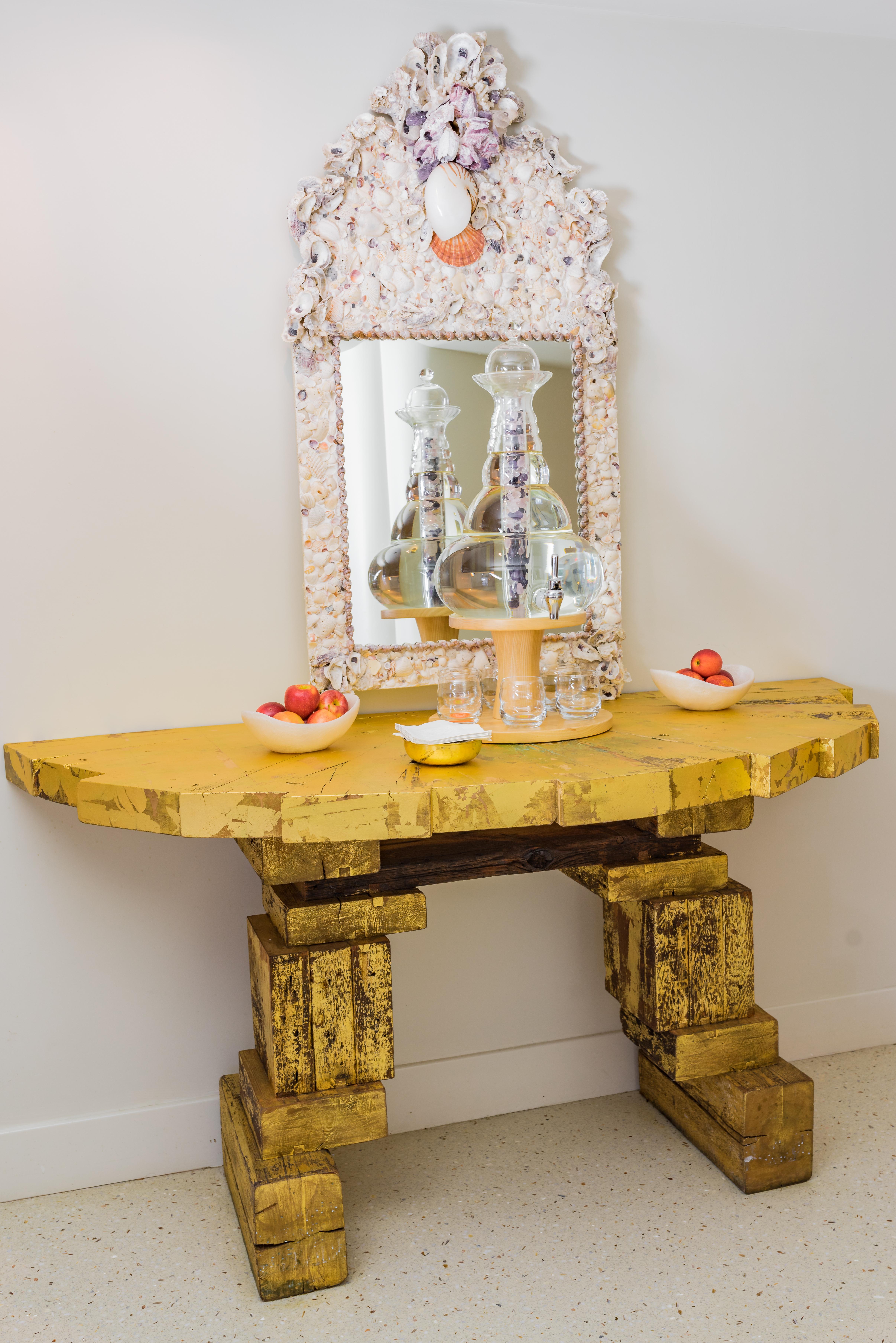 Contemporary Demi-Lune Gilt Console Table Reclaimed Wood Handcrafted by Rafael Calvo For Sale