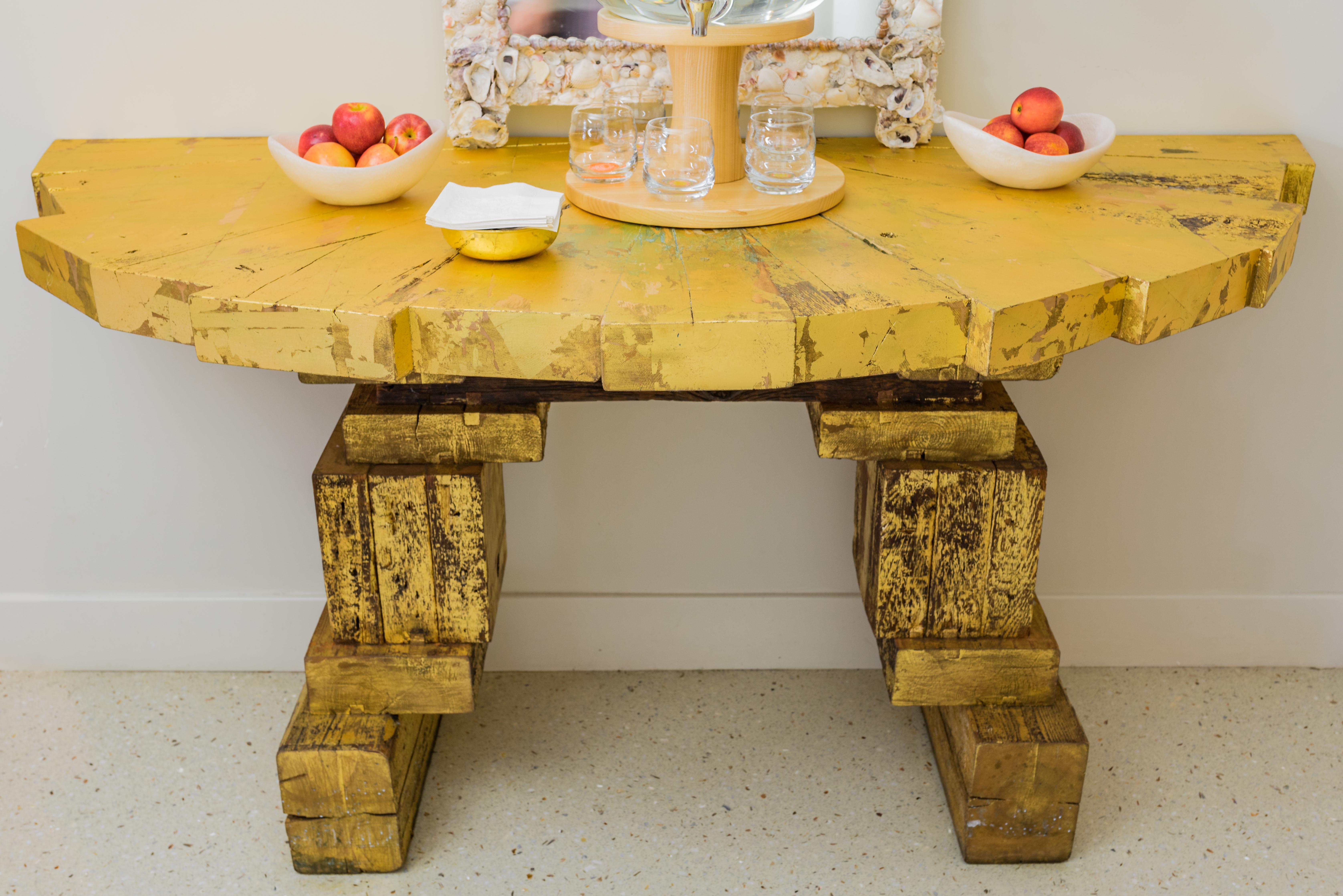 Gold Leaf Demi-Lune Gilt Console Table Reclaimed Wood Handcrafted by Rafael Calvo For Sale