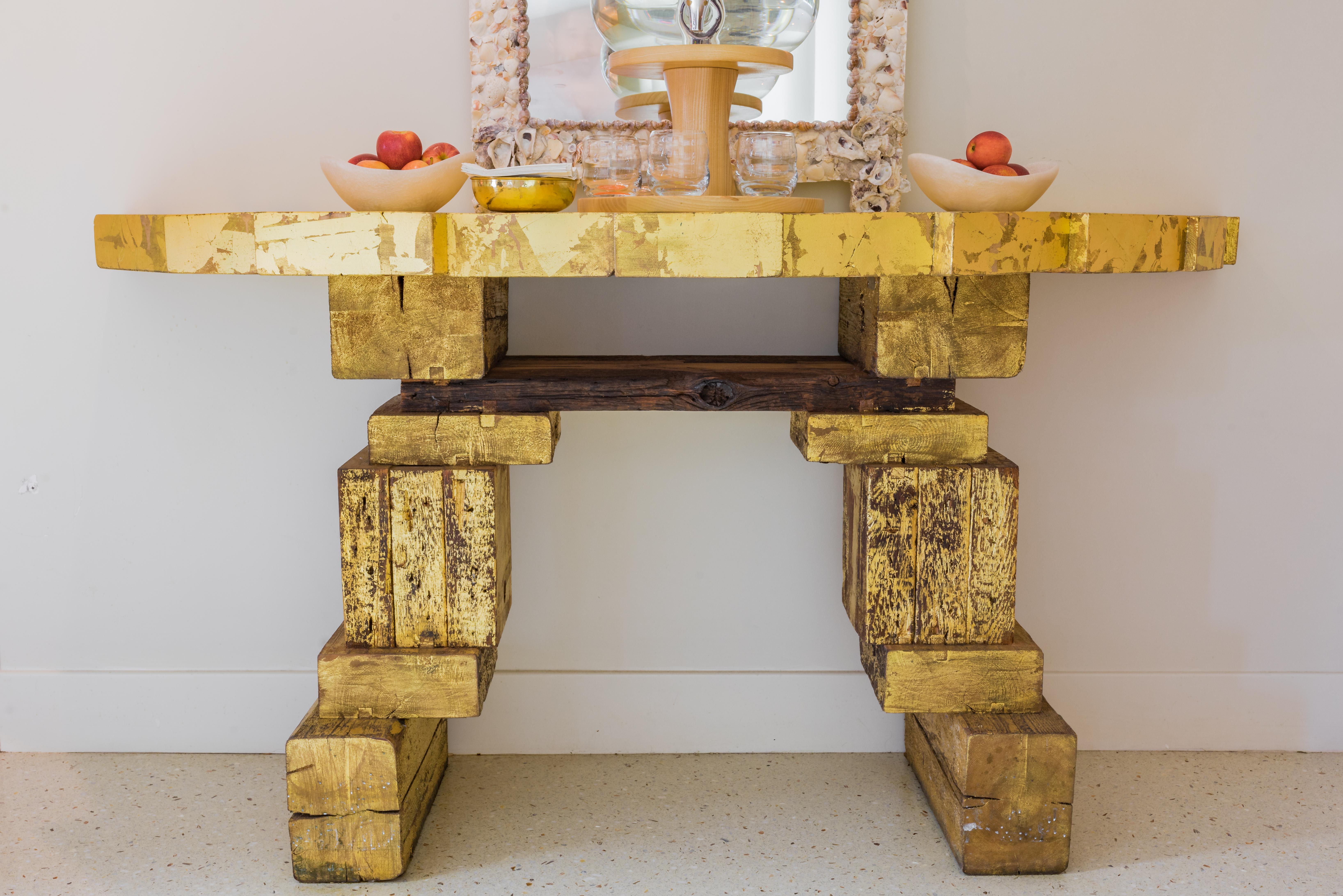 Demi-Lune Gilt Console Table Reclaimed Wood Handcrafted by Rafael Calvo For Sale 1