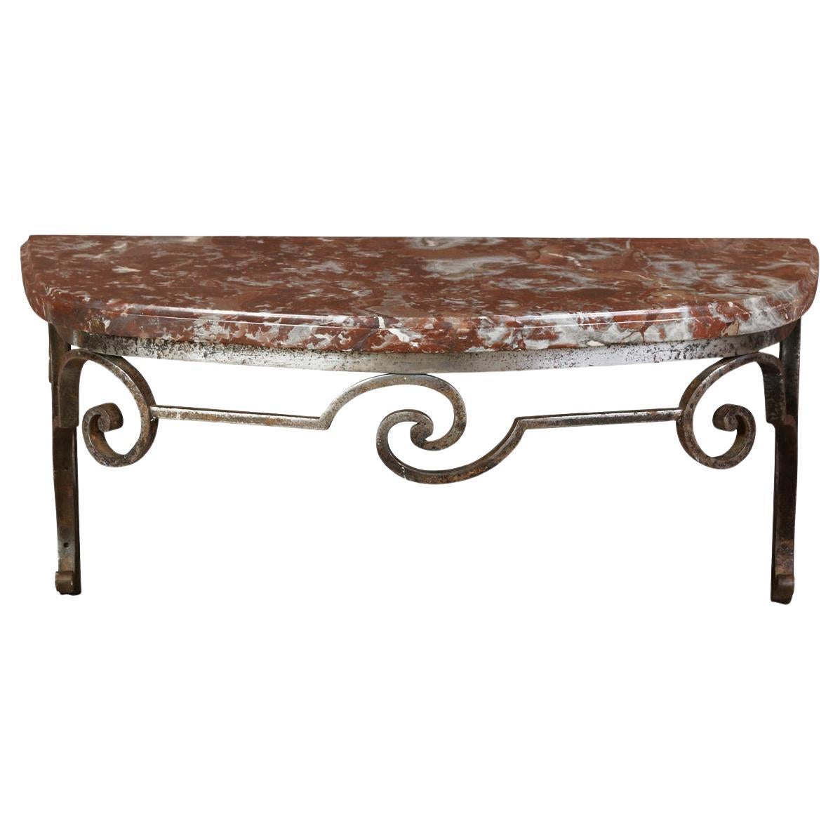 Demi Lune Rouge Marble Top Wall Mount Console With Scroll Metal Base For Sale