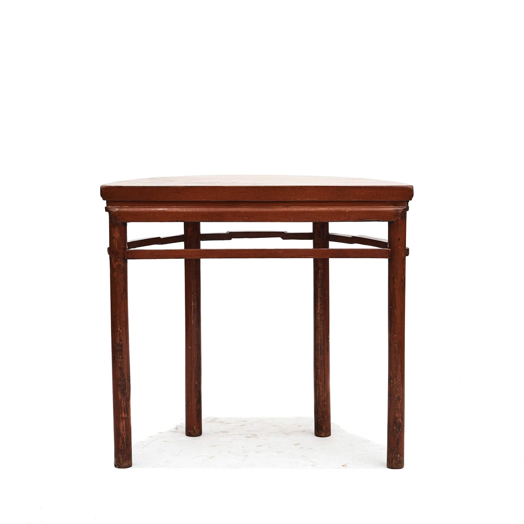 Chinese Demi lune Table In Cognac / Reddish Lacquer  For Sale