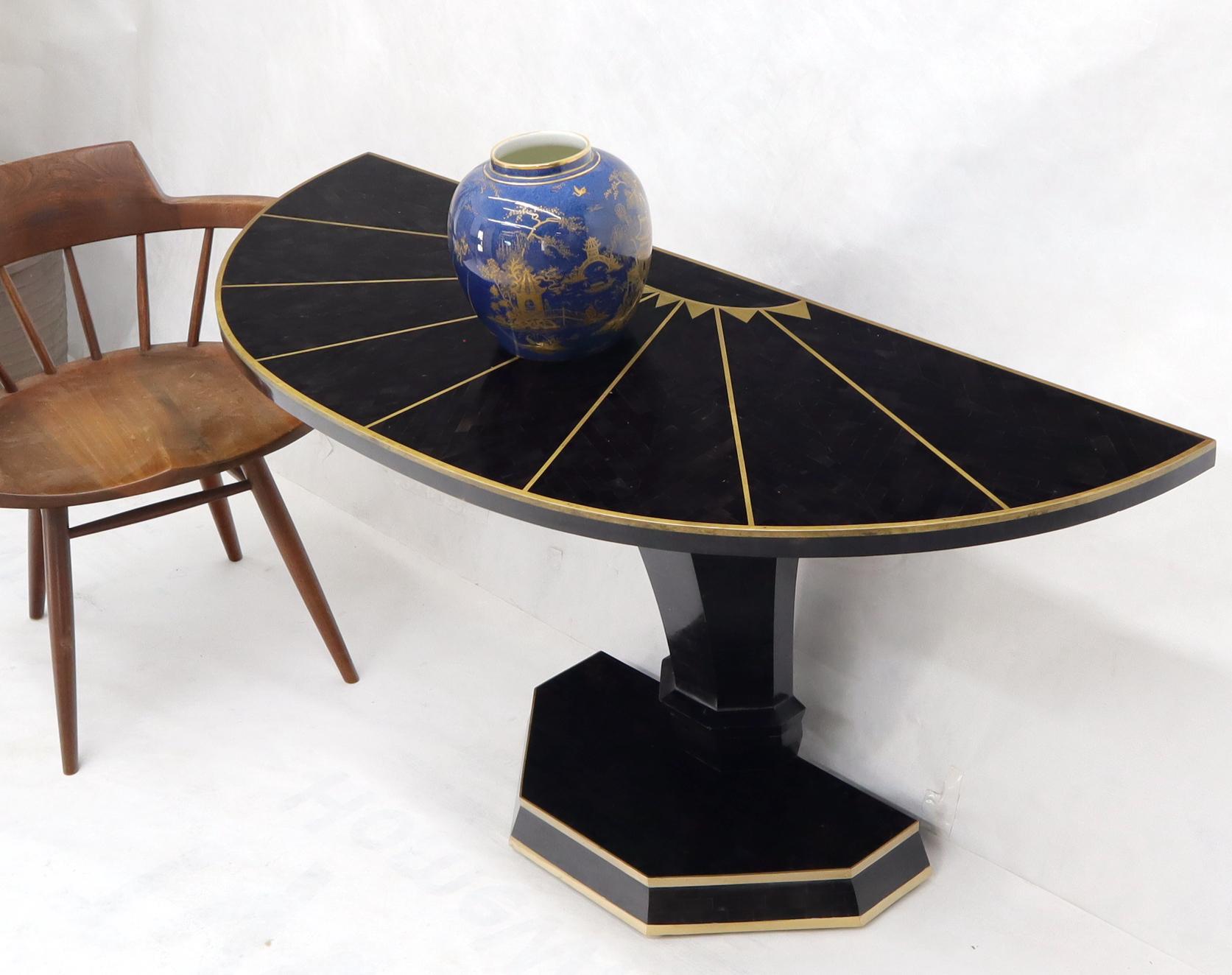 20th Century Demi Lune Tessellated Black Onyx or Marble Brass Inlay Console Table