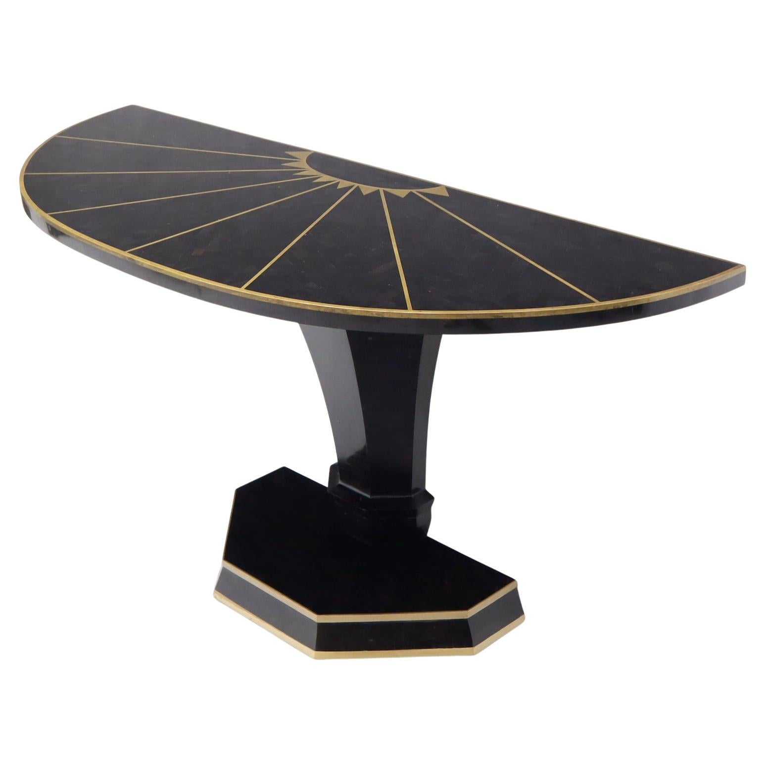Demi Lune Tessellated Black Onyx or Marble Brass Inlay Console Table