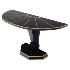 Demi Lune Tessellated Black Onyx or Marble Brass Inlay Console Table