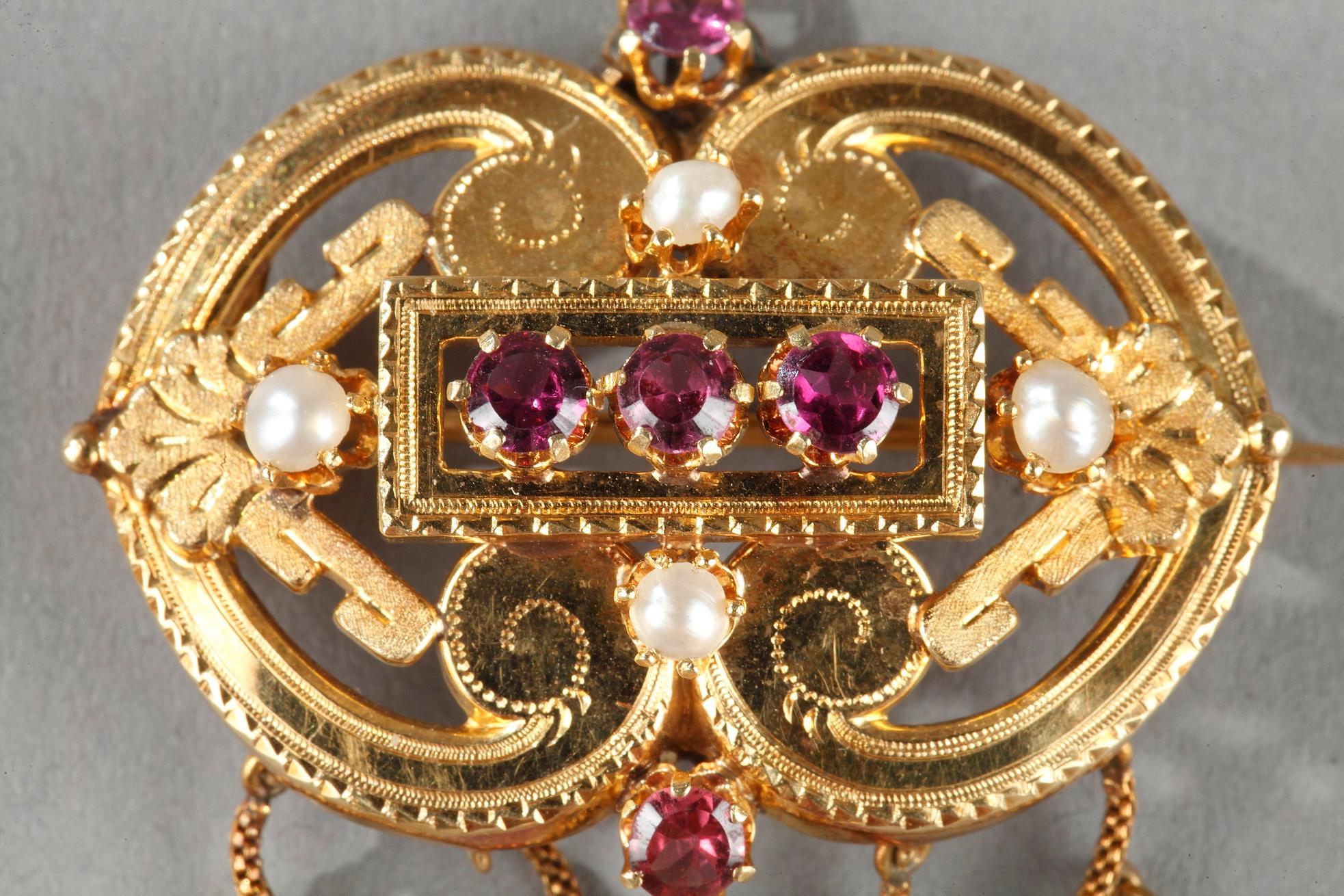 French Cut Demi-Parure in Gold, Pearls and Gems Stones, Napoleon III For Sale