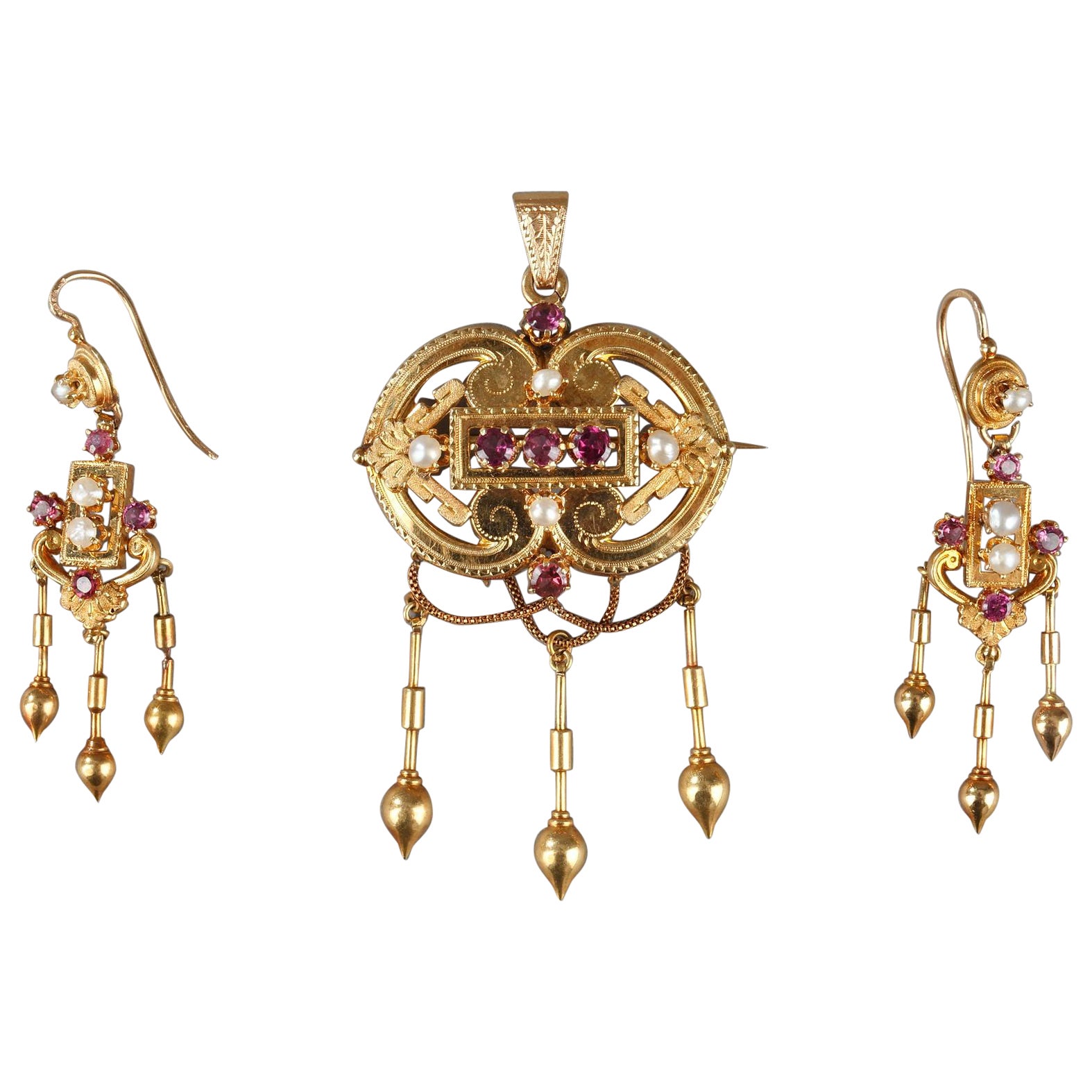 Demi-parure in gold, pearls and gems stones. Napoleon III. For Sale