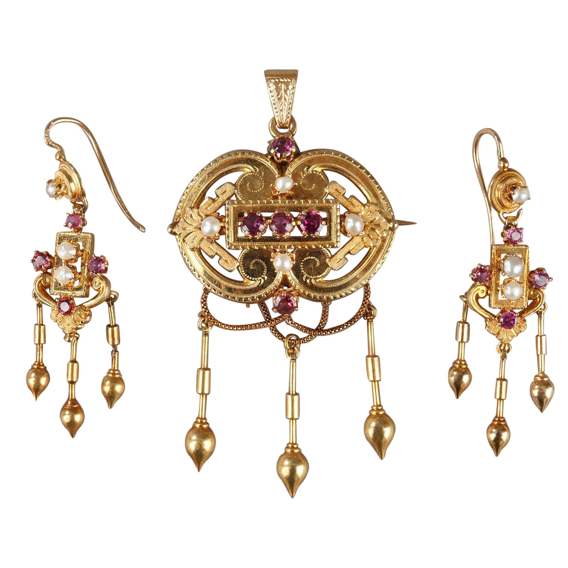 Demi-Parure in Gold, Pearls and Gems Stones, Napoleon III For Sale