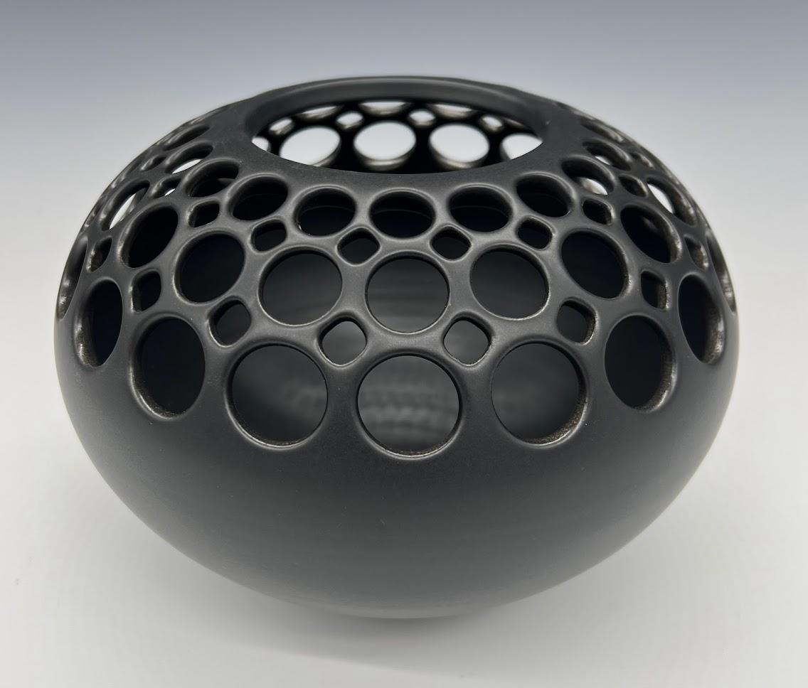 Mid-Century Modern Demi-Pierced Ceramic Orb with Black Satin Glaze For Sale