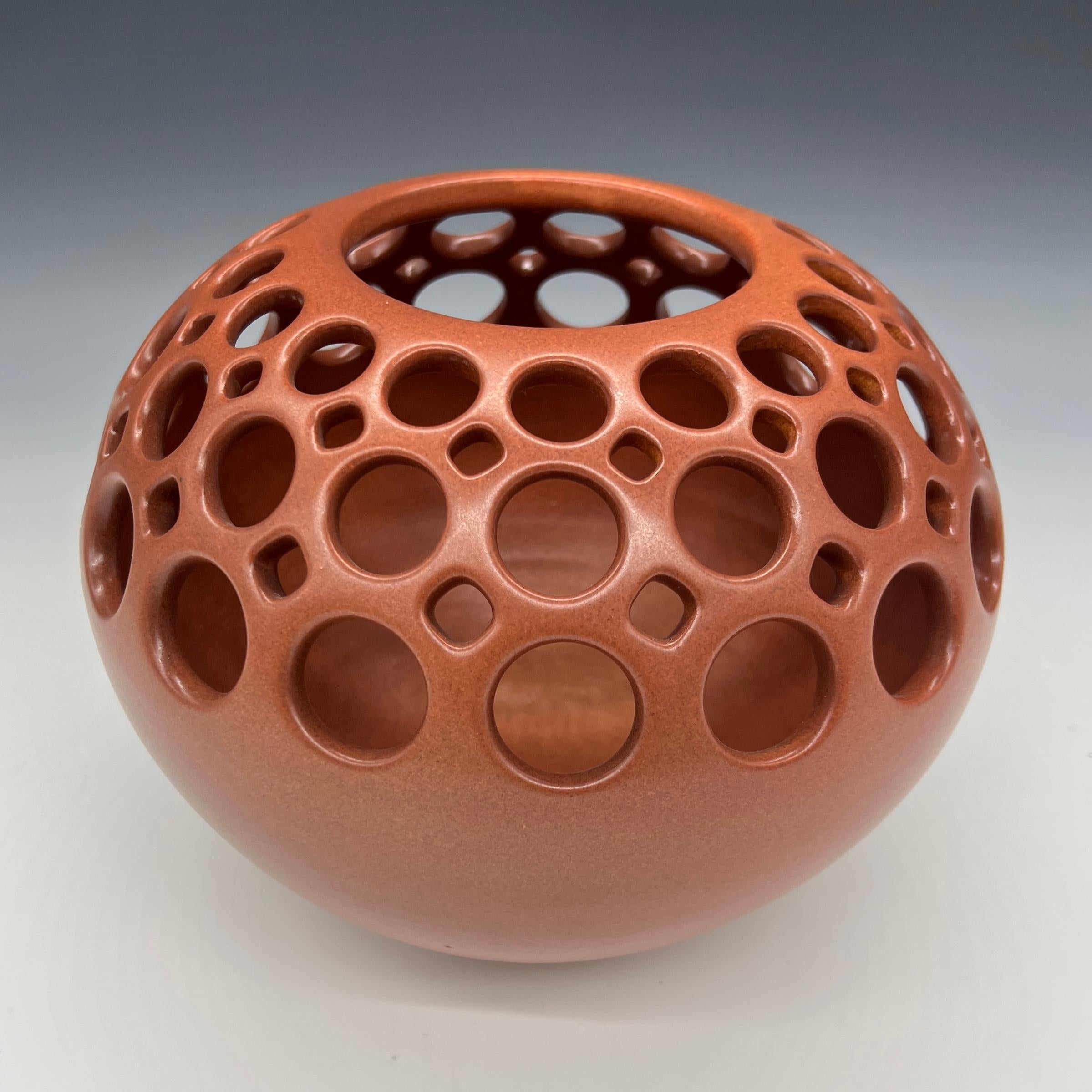 Mid-Century Modern Demi-Pierced Ceramic Orb with Burnt Sienna Satin Glaze For Sale