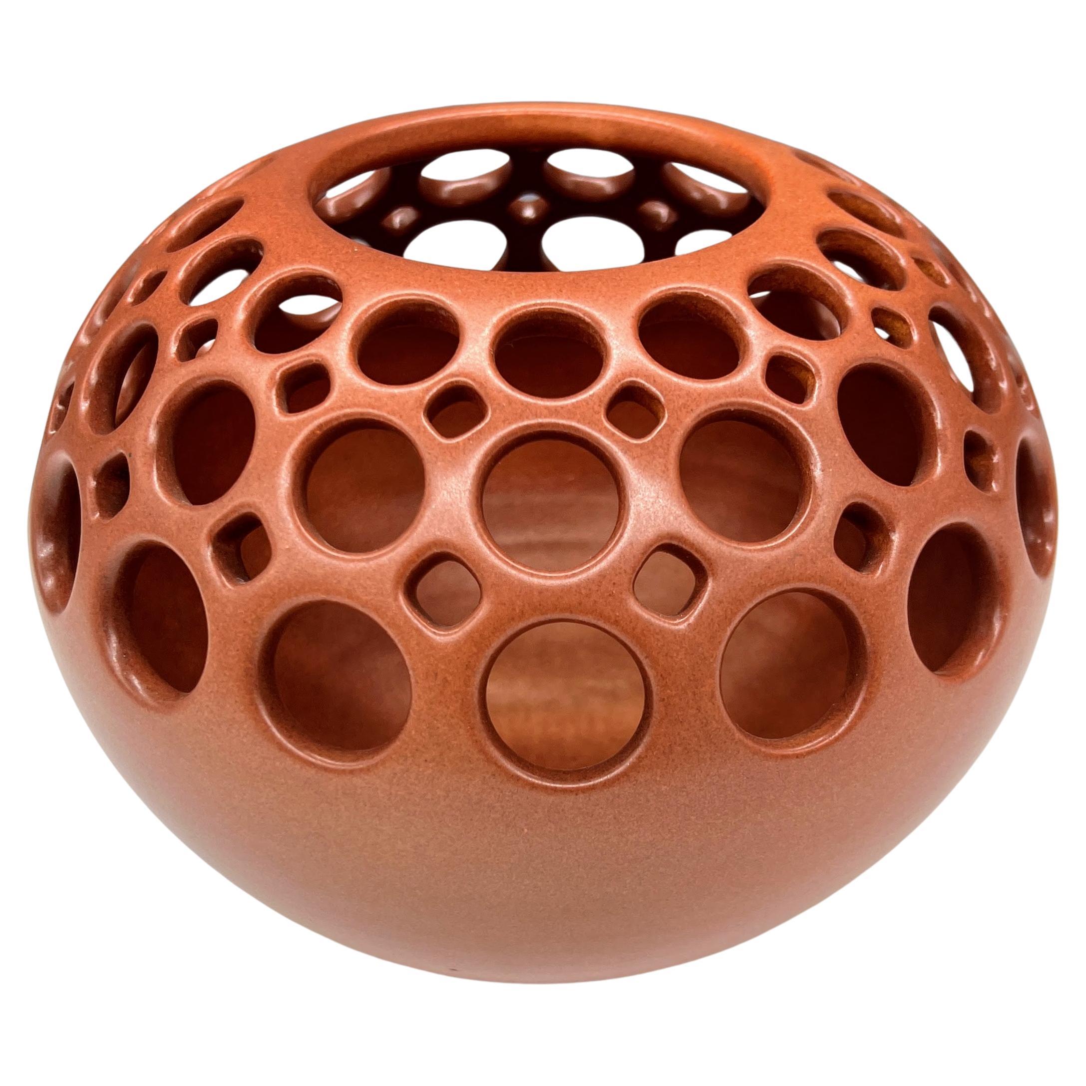 Demi-Pierced Ceramic Orb with Burnt Sienna Satin Glaze For Sale