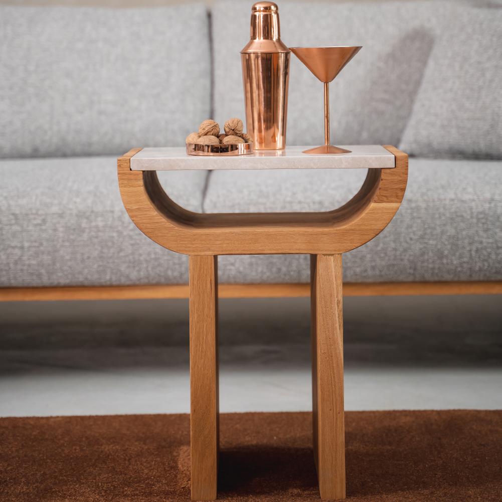 Turc Table d'Appoint H60cm - Bois de Chêne Massif - Plateau en Marbre en vente