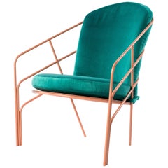 Demille Indoor Outdoor Lounge Chair in Pink Powder-Coated Steel W/ Teal Cushion