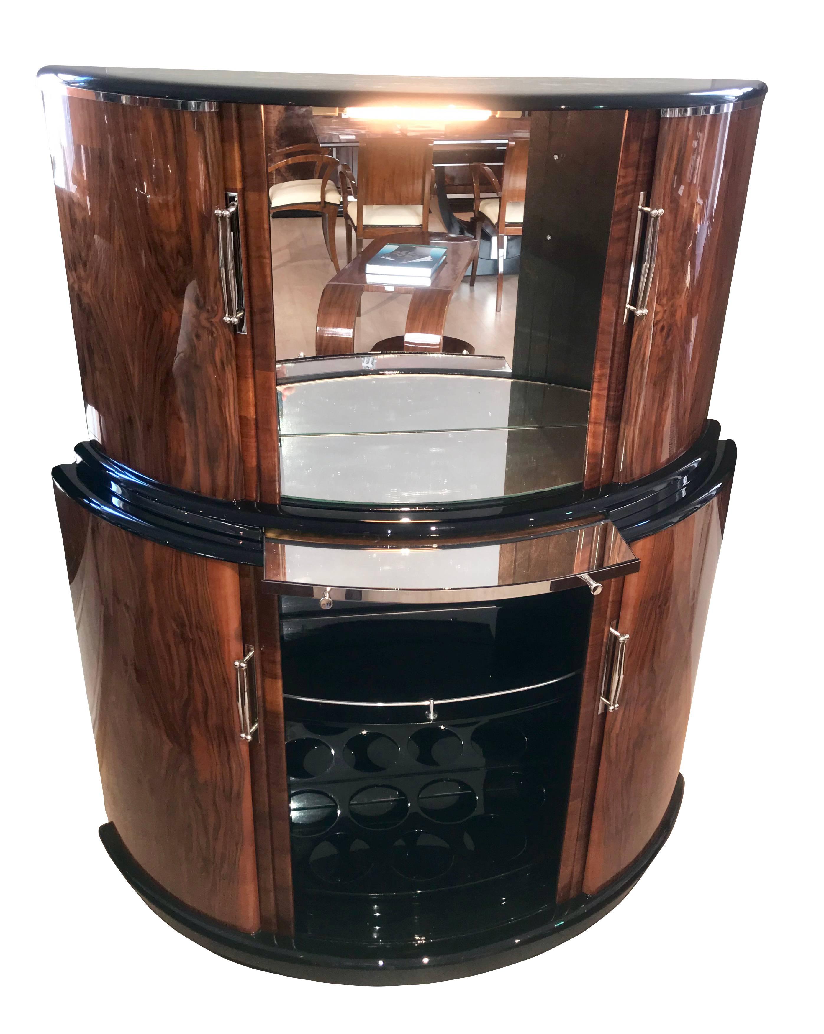 Mirror Demilune Art Deco Bar Cabinet, Walnut Veneer, England circa 1930