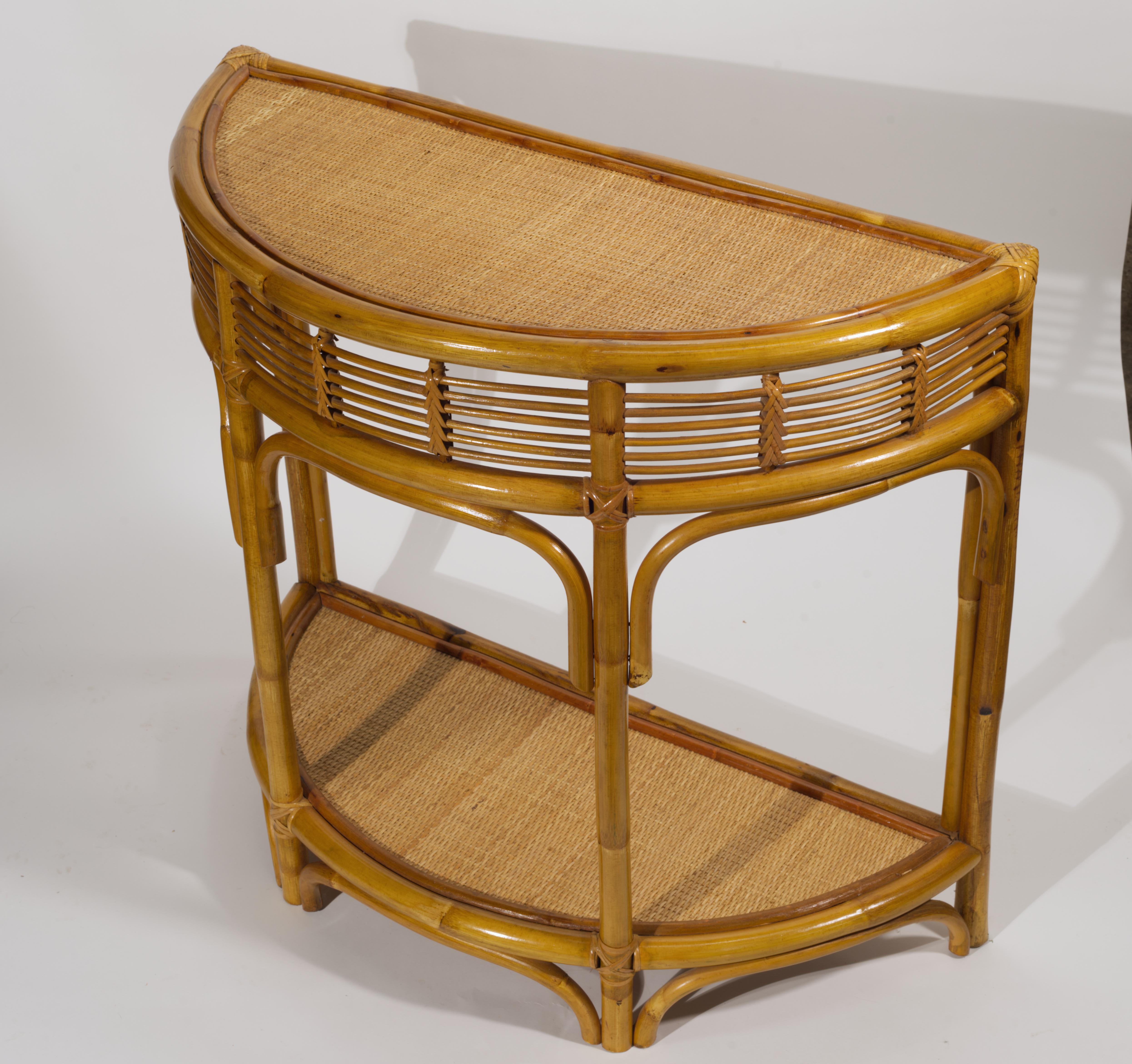 Mid-Century Modern Demilune Bamboo Rattan Console Table in Style of Franco Albini For Sale