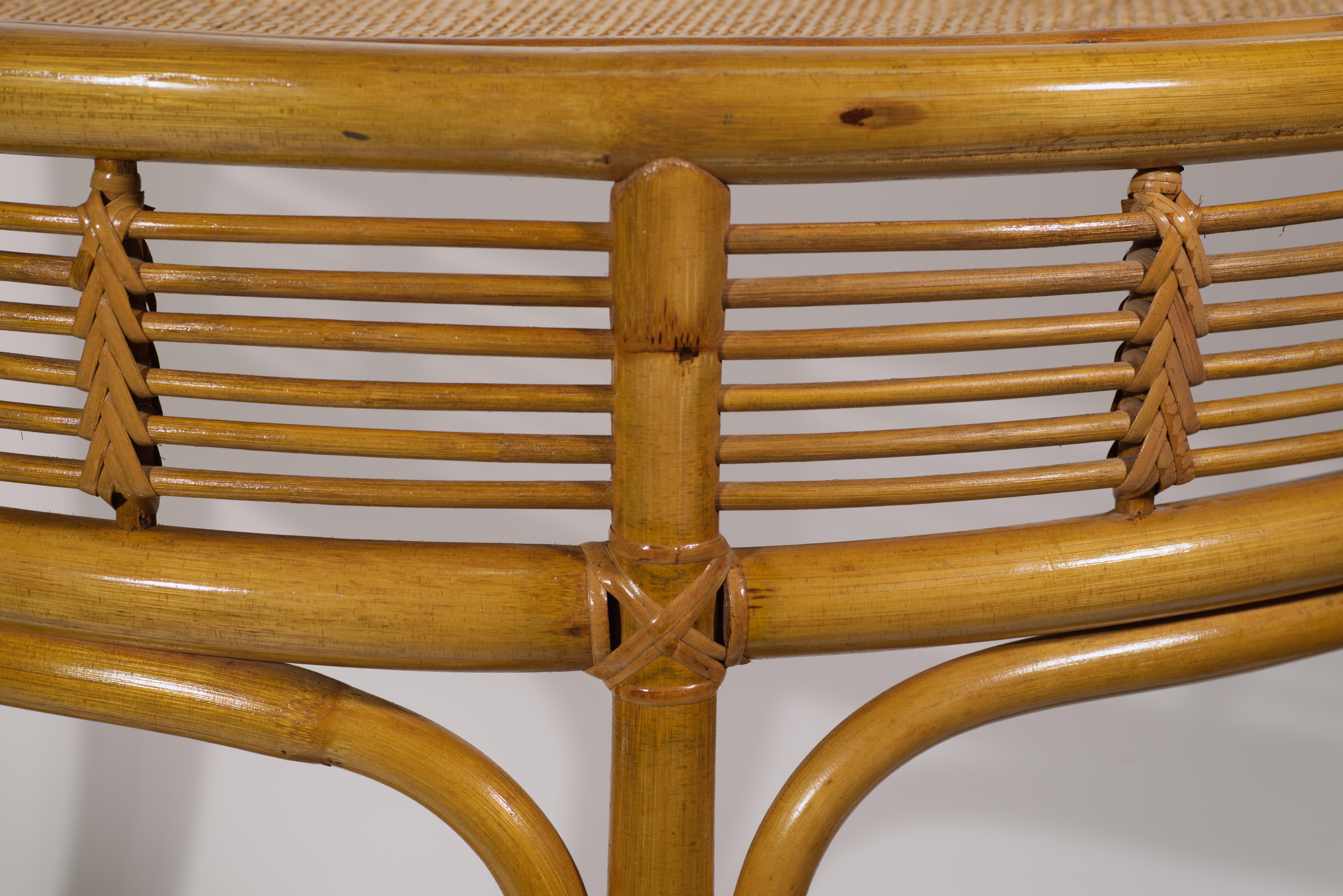 Demilune Bamboo Rattan Console Table in Style of Franco Albini In Good Condition For Sale In Clifton Springs, NY