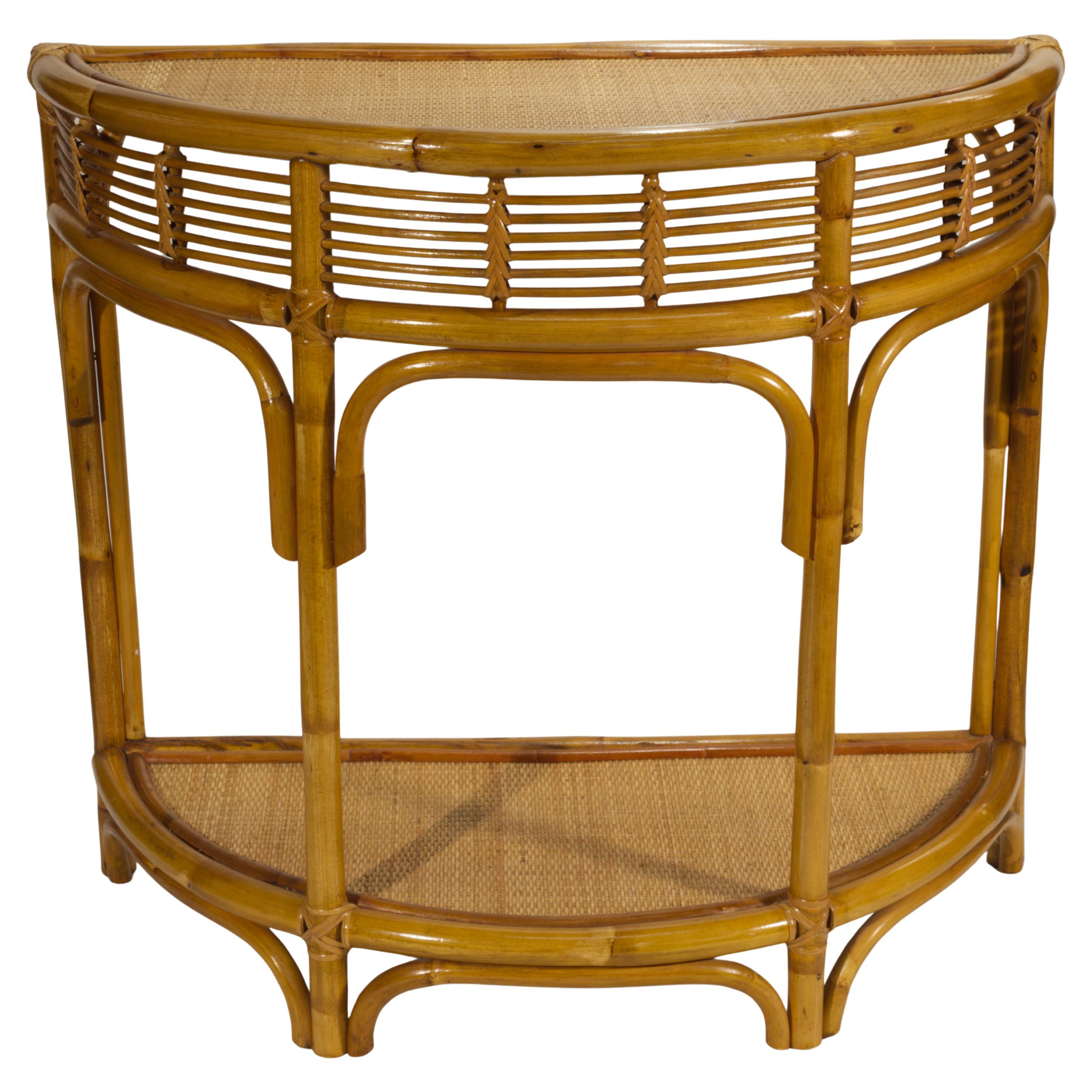 Demilune Bamboo Rattan Console Table in Style of Franco Albini For Sale