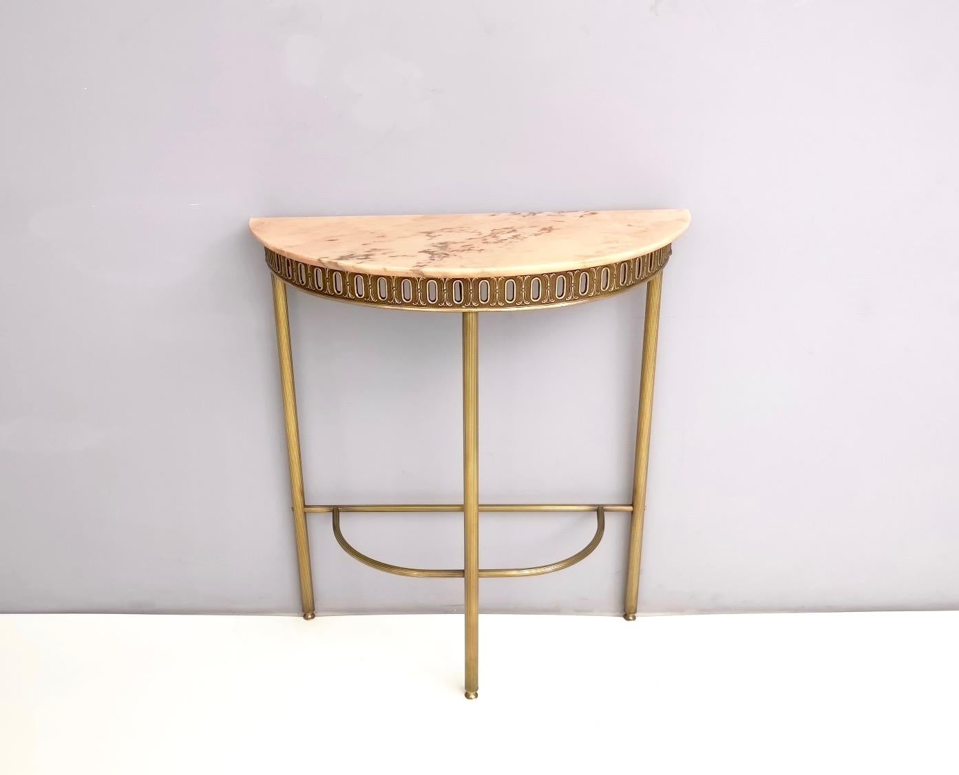 Italian Demilune Brass Console Table with Portuguese Pink Marble Top, Italy, 1950s 