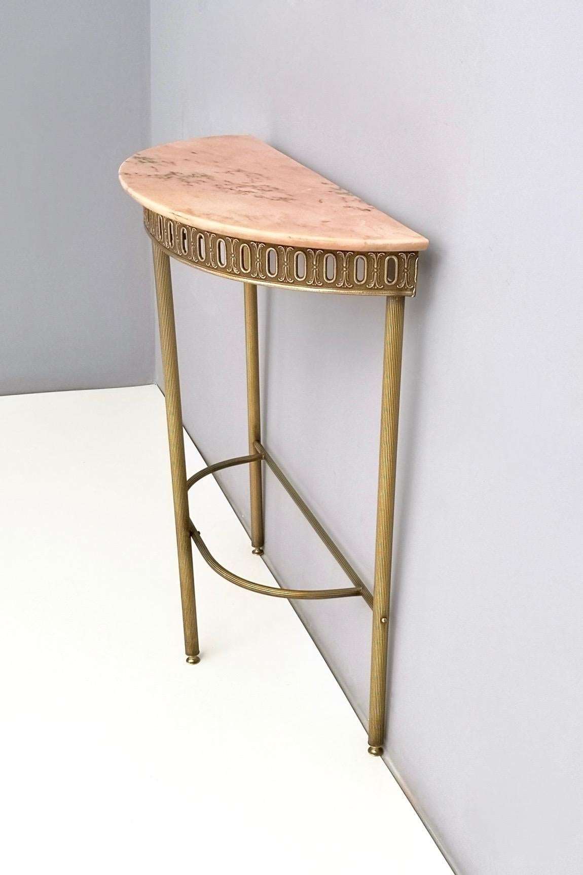 Demilune Brass Console Table with Portuguese Pink Marble Top, Italy, 1950s  In Excellent Condition In Bresso, Lombardy