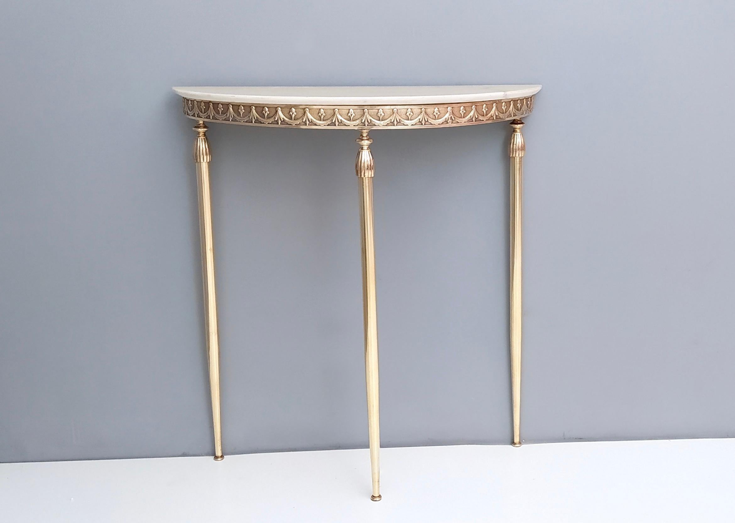 Mid-Century Modern Demilune Brass Console Table with Portuguese Pink Marble Top, Italy, 1950s