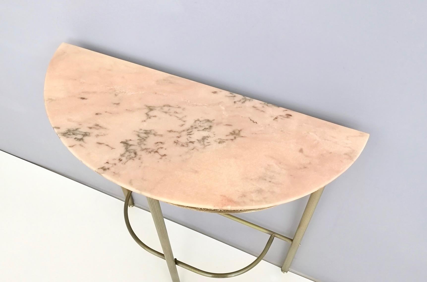 Mid-20th Century Demilune Brass Console Table with Portuguese Pink Marble Top, Italy, 1950s 