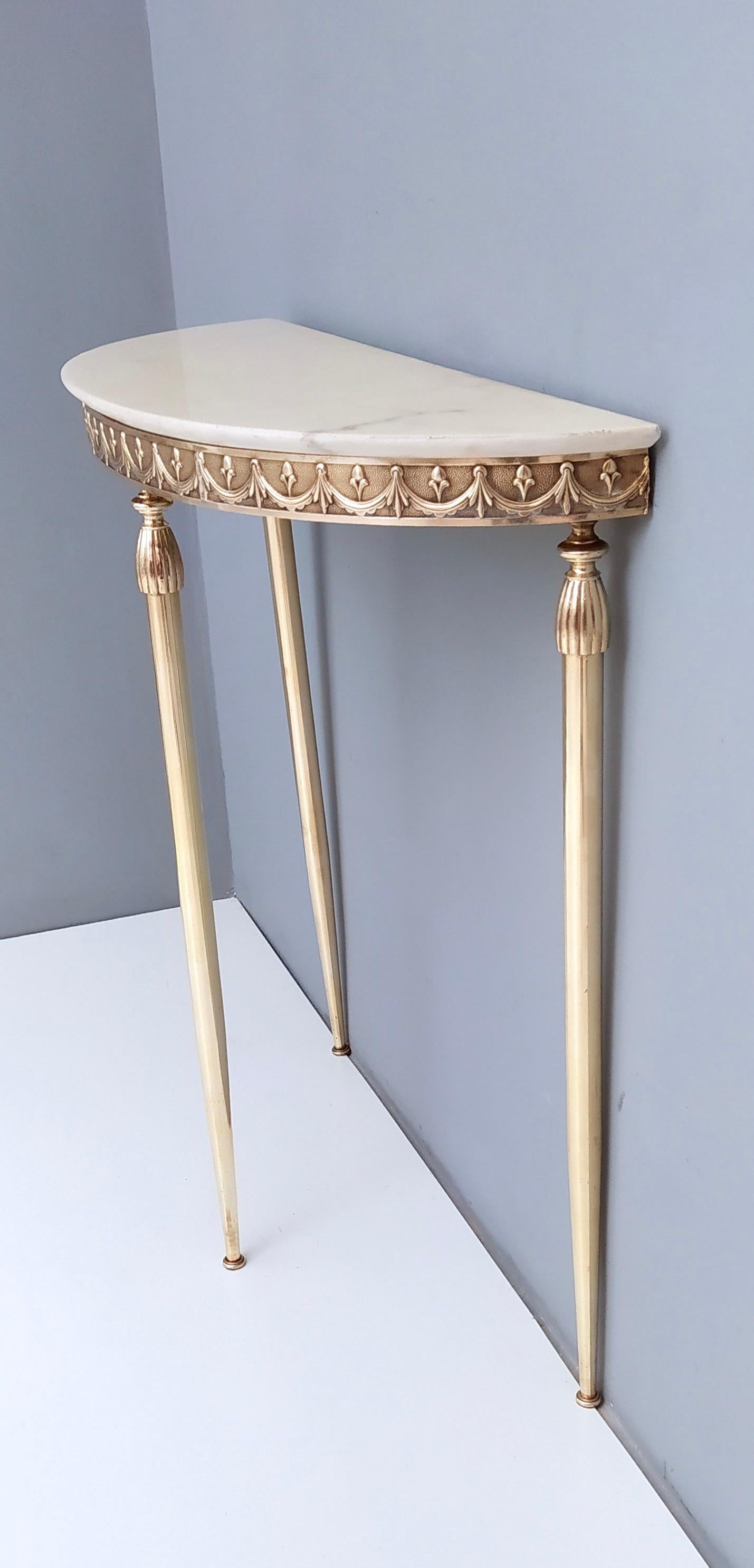 Italian Demilune Brass Console Table with Portuguese Pink Marble Top, Italy, 1950s