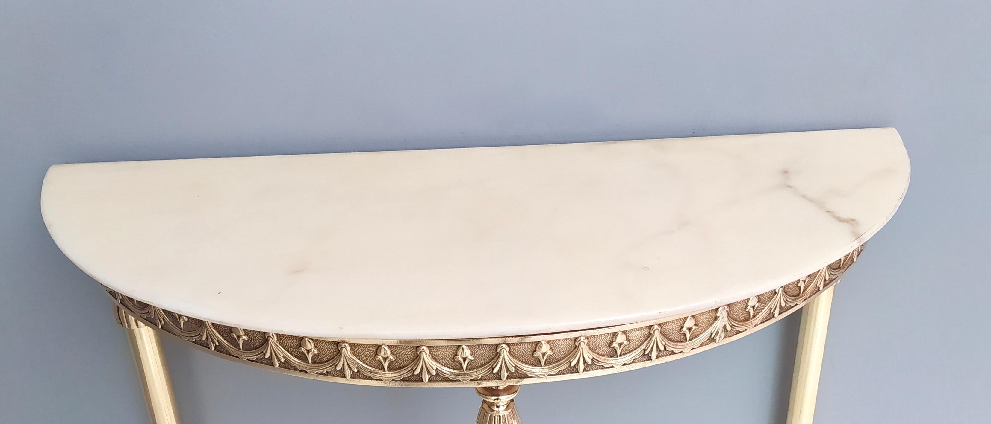 Mid-20th Century Demilune Brass Console Table with Portuguese Pink Marble Top, Italy, 1950s