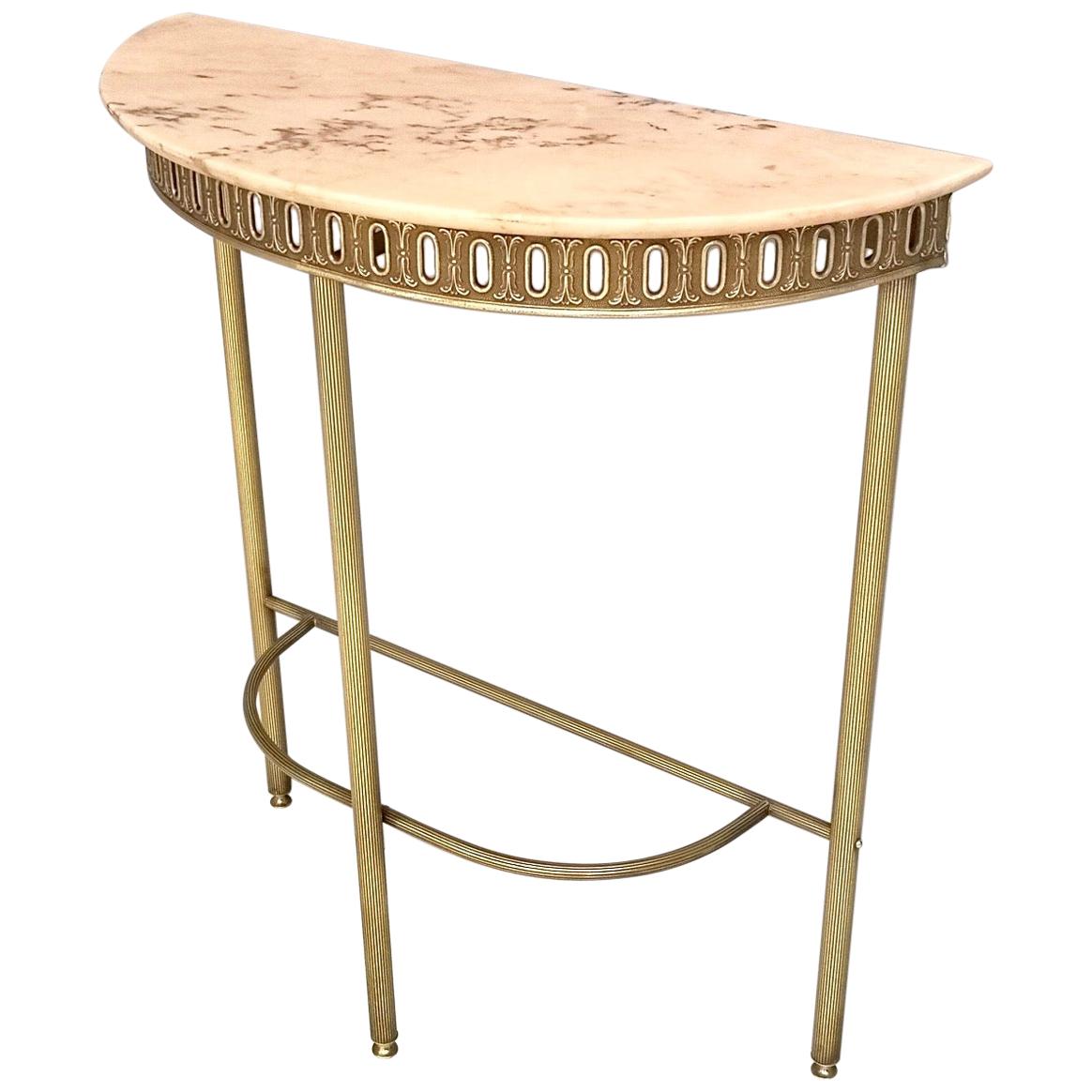 Demilune Brass Console Table with Portuguese Pink Marble Top, Italy, 1950s 
