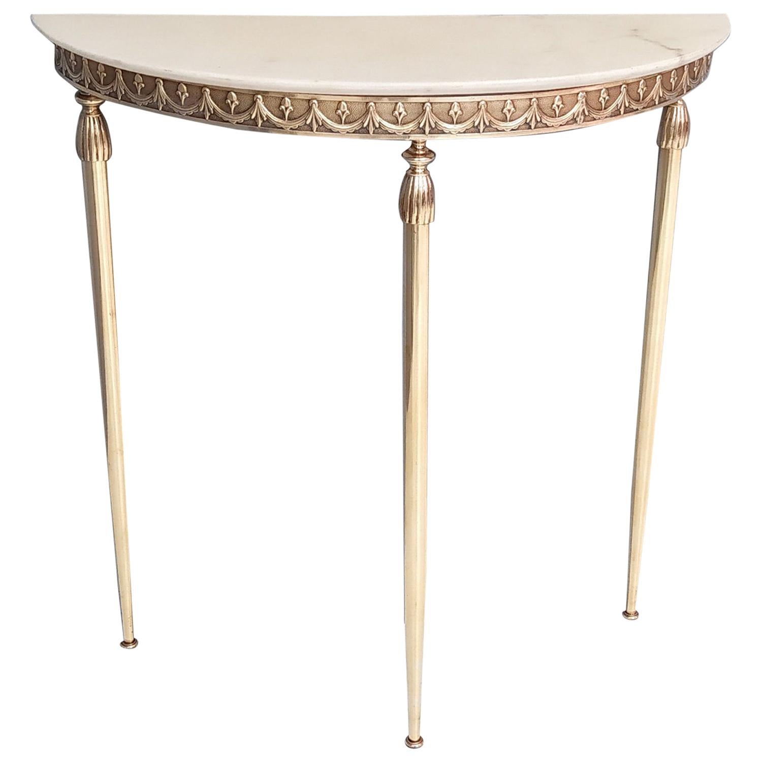 Demilune Brass Console Table with Portuguese Pink Marble Top, Italy, 1950s