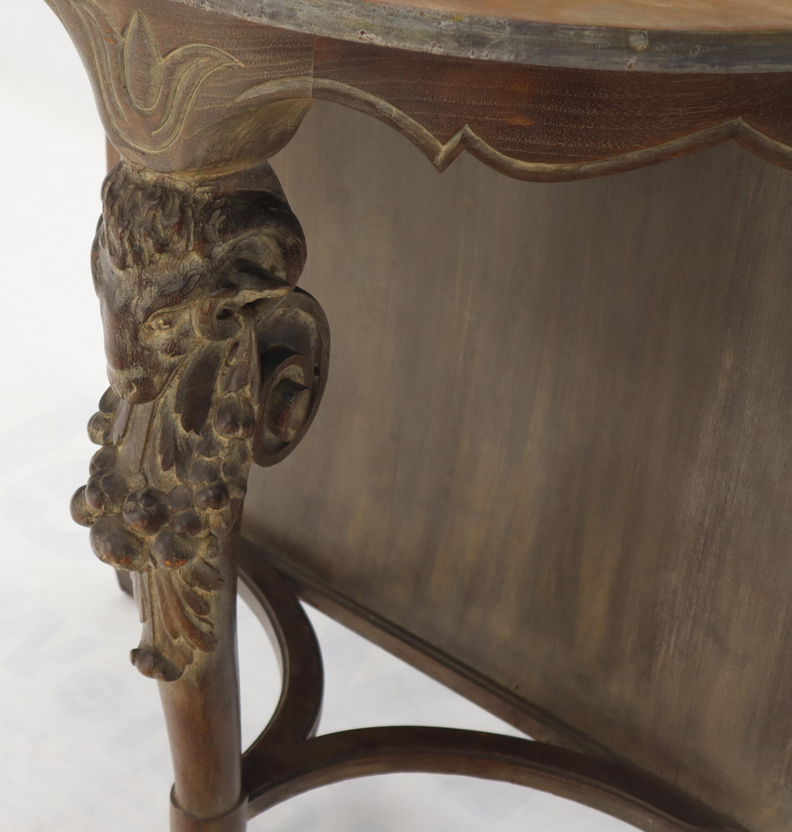 Antique half round carved mahogany white wash finish console table.