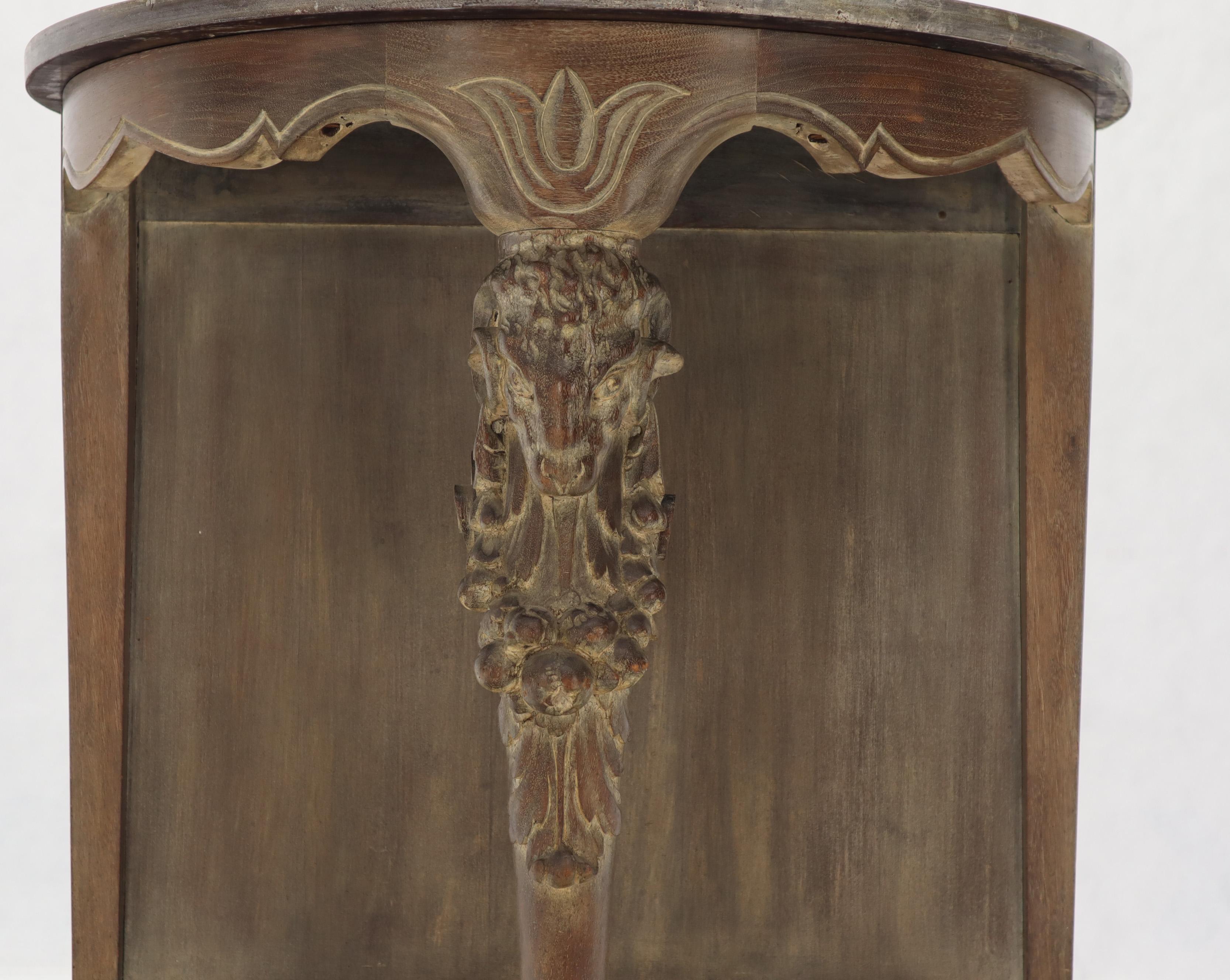 European Demilune Carved Mahogany Hoof Foot Rams Head Tri Legged Console Wall Table