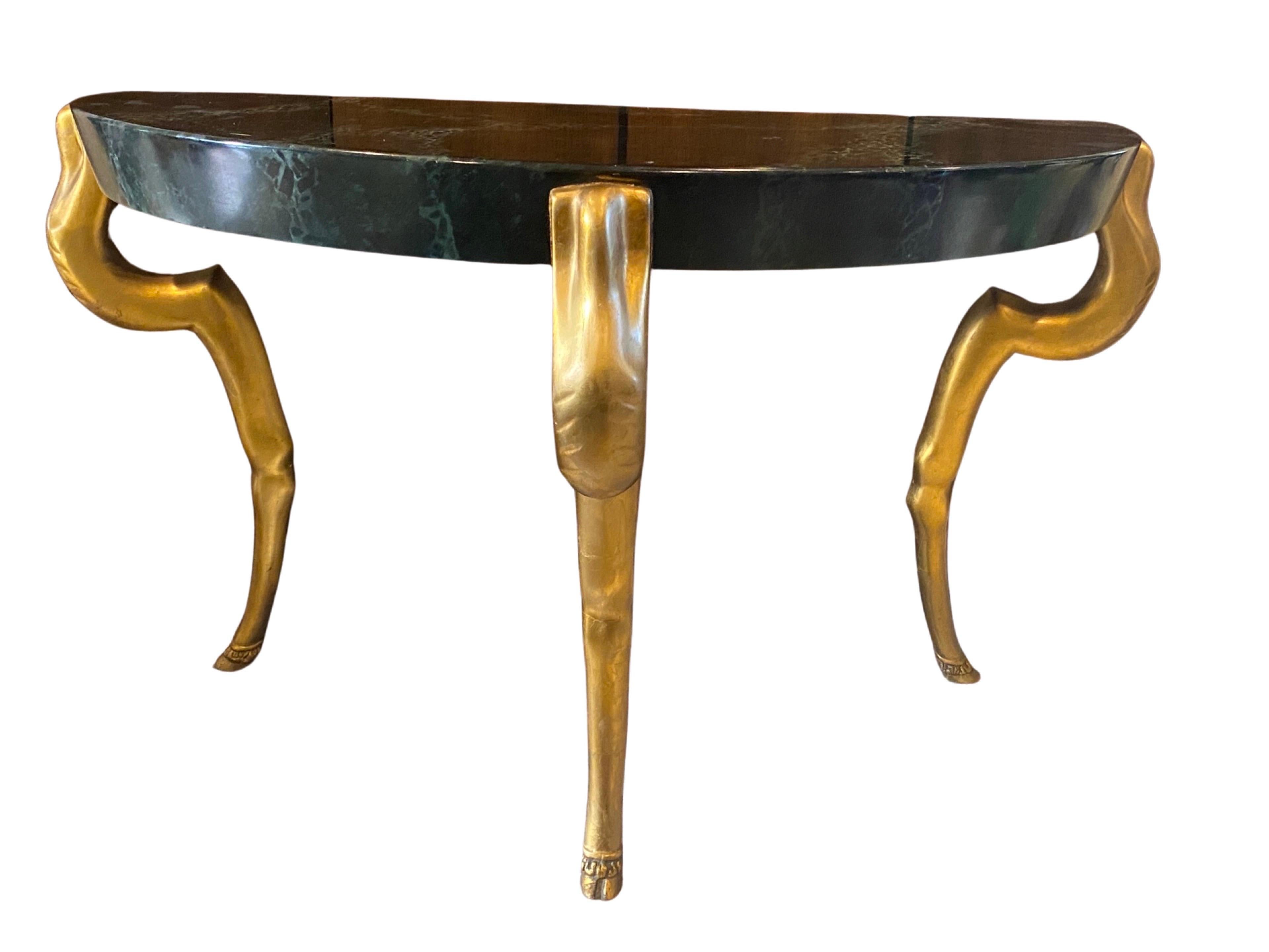 Demilune Console Gold Leaf Hoof Legs/Hand-Painted Marble Top Manner of Duquette 1
