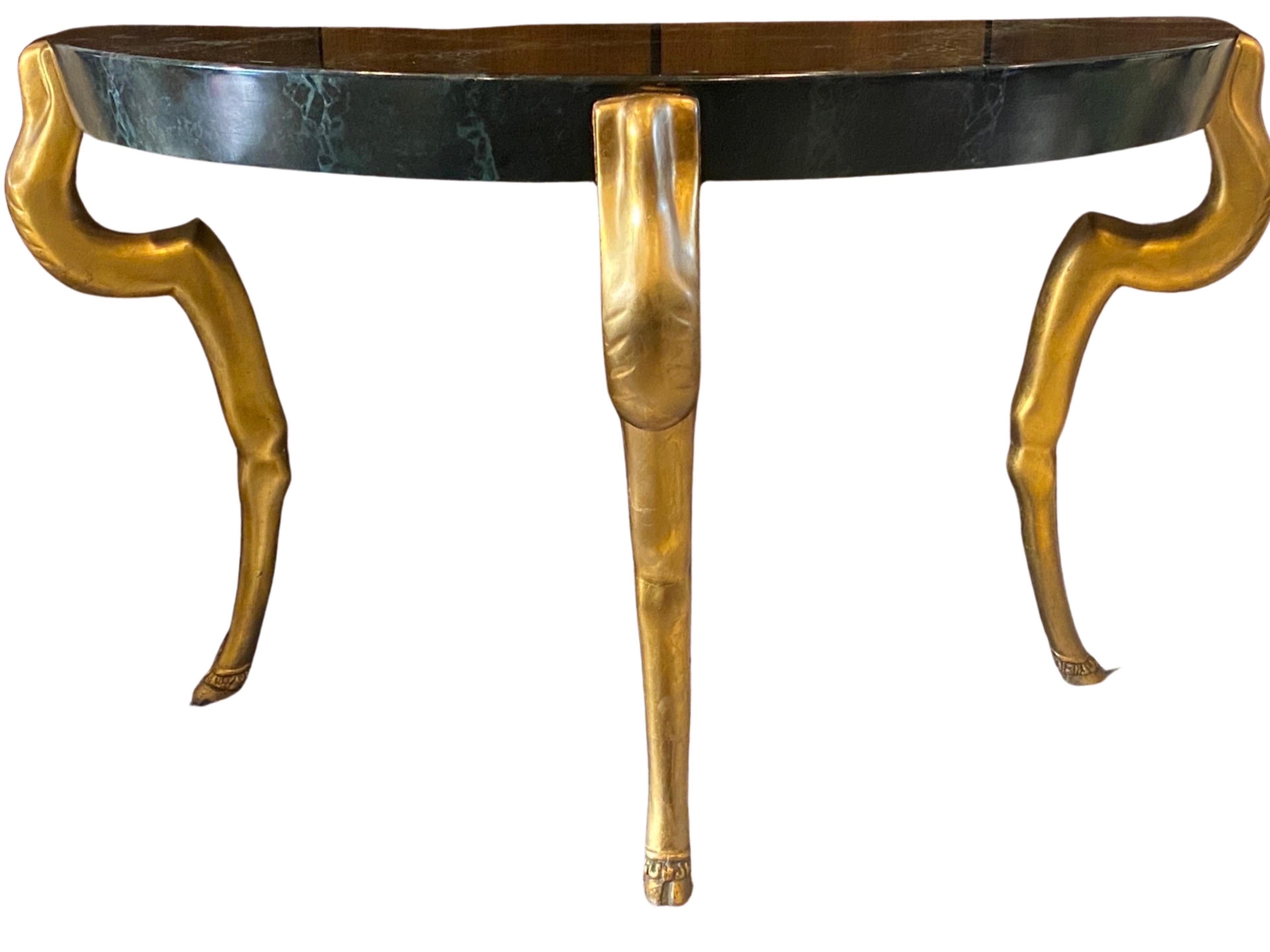 Demilune Console Gold Leaf Hoof Legs/Hand-Painted Marble Top Manner of Duquette For Sale 5