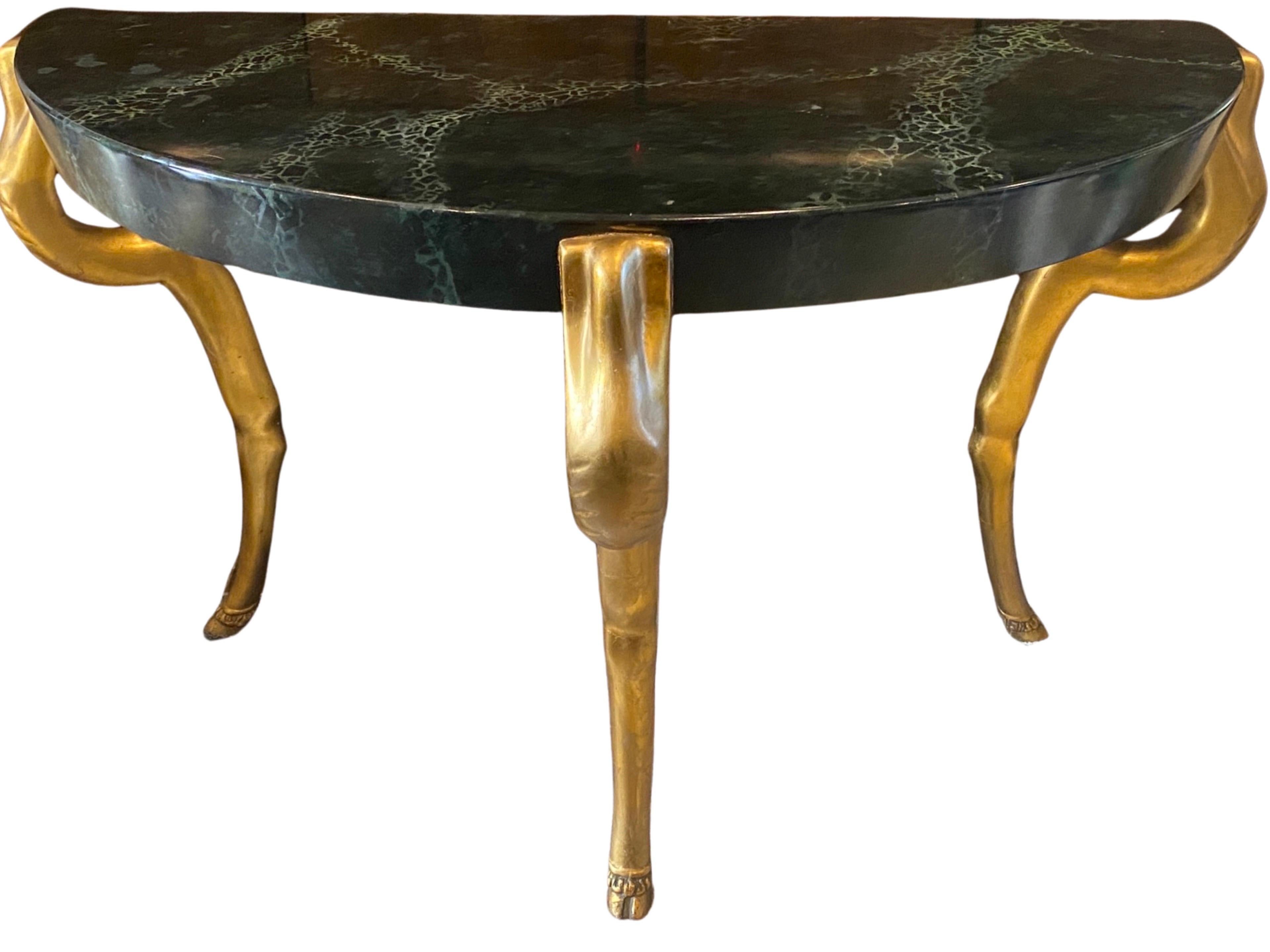 Honored to offer such a beautiful special console available for sale for the first time. This custom original console is from a jaw-dropping vintage Indian Wells (Palm Springs Area) Estate . The Demi-lune shape console has three hand carved legs