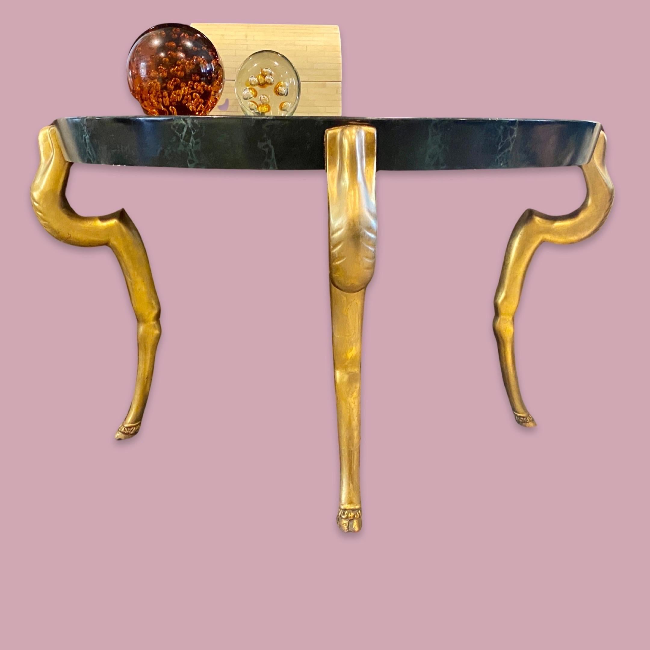 Demilune Console Gold Leaf Hoof Legs/Hand-Painted Marble Top Manner of Duquette In Good Condition For Sale In Palm Springs, CA