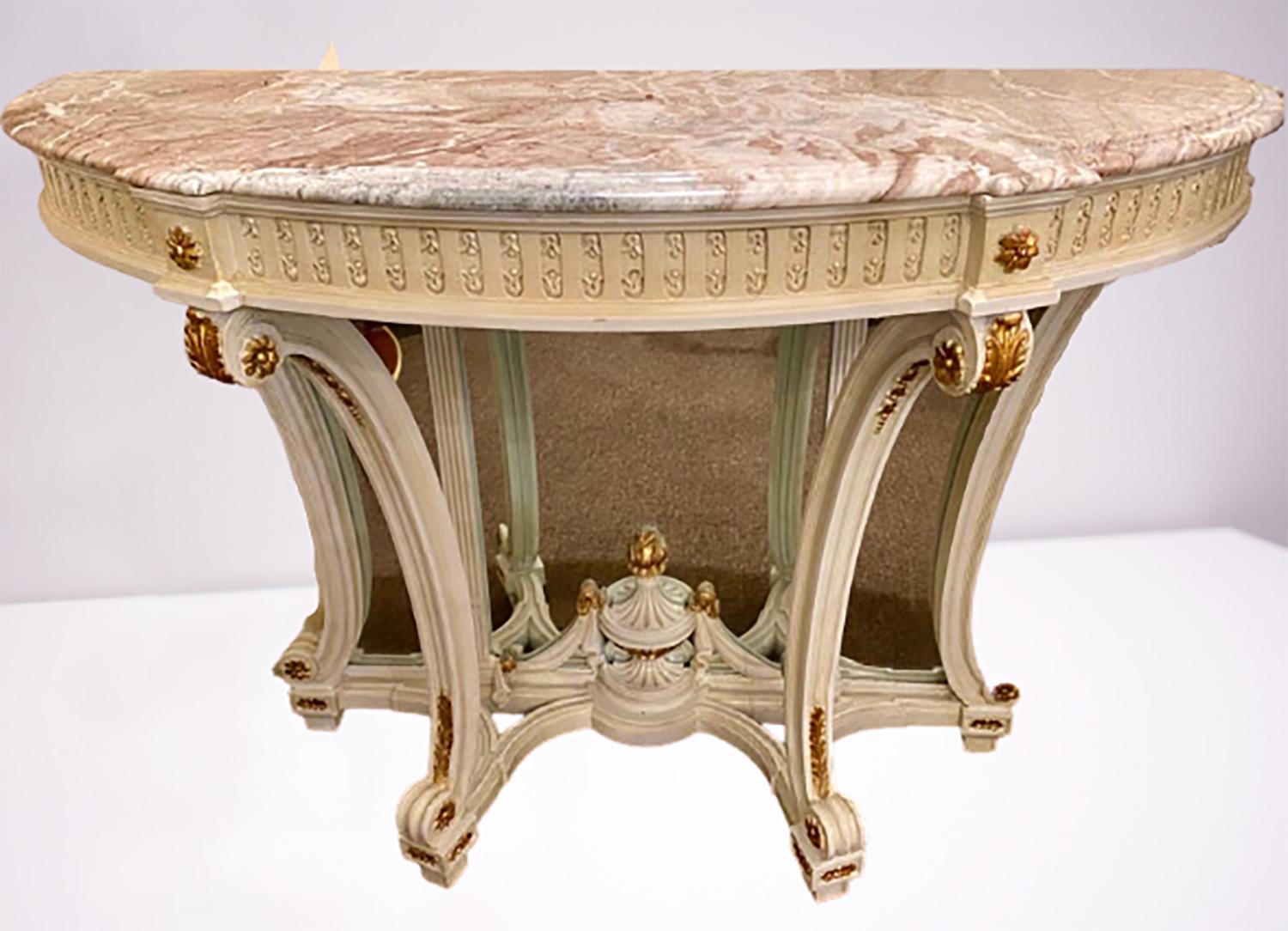 Demilune Console Hollywood Regency Style Marble-Top Beveled Mirror Back, a Pair In Good Condition In Stamford, CT
