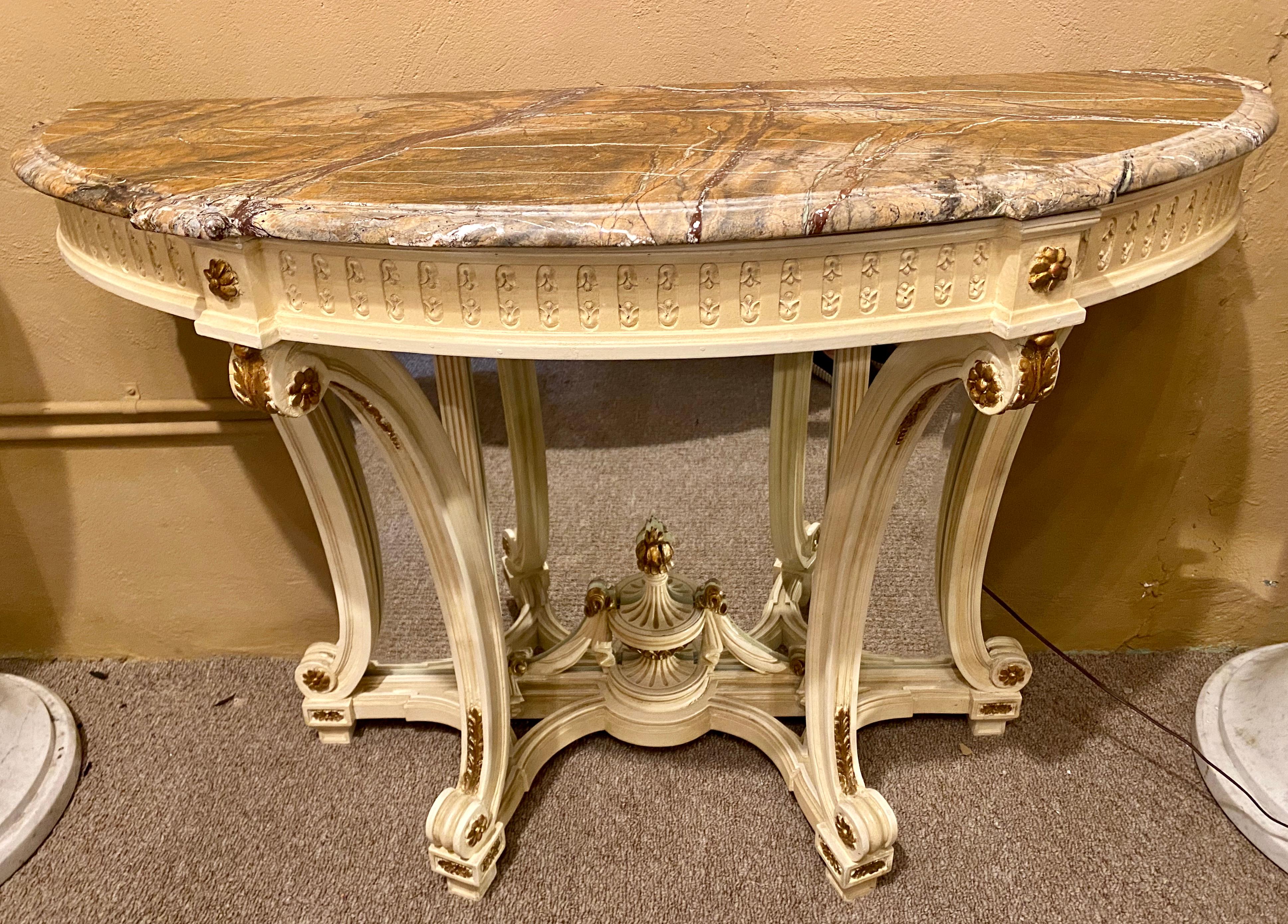 Demilune Console Hollywood Regency Style Marble-Top with Beveled Mirror Back In Good Condition For Sale In Stamford, CT