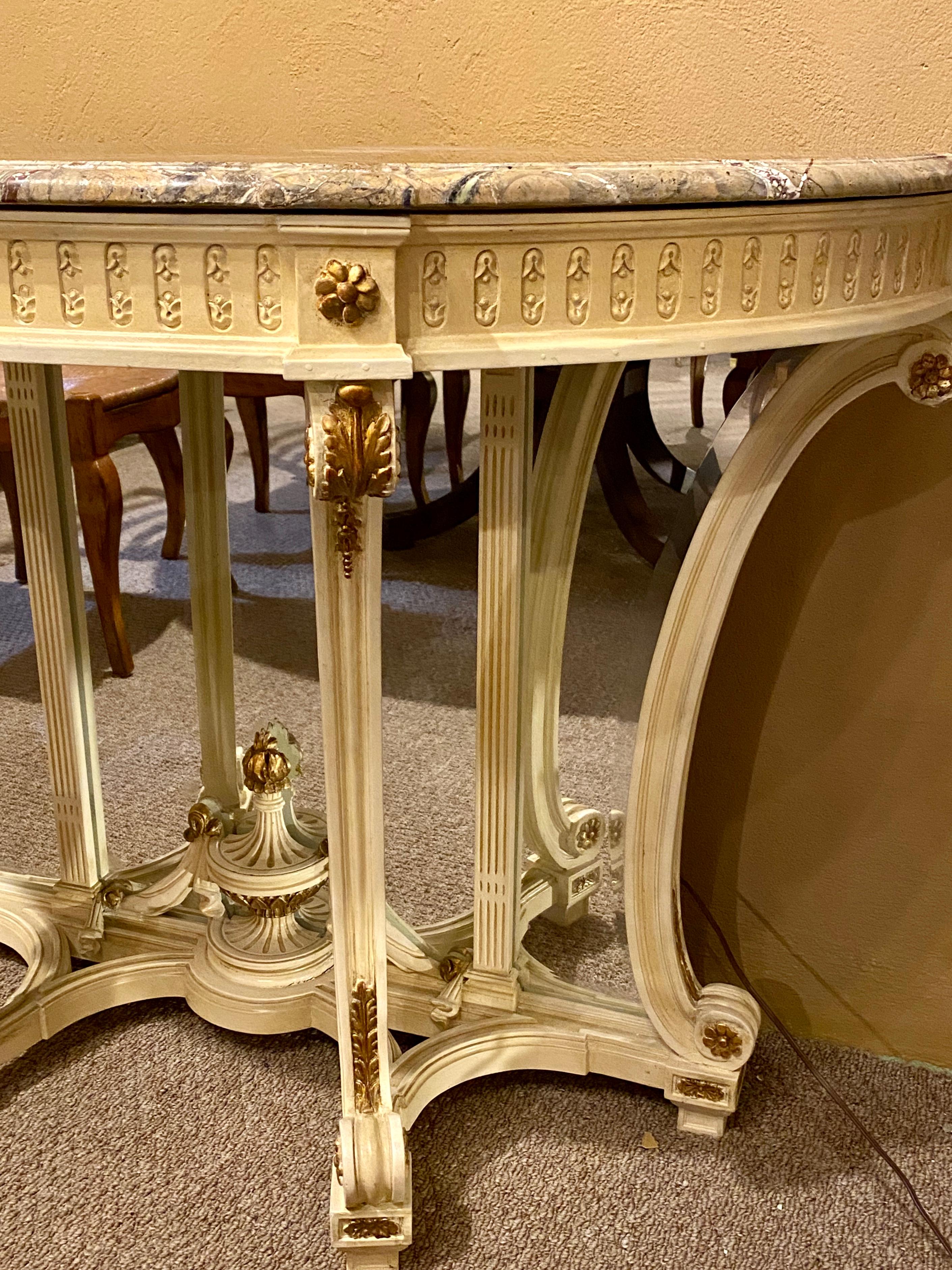 Mid-20th Century Demilune Console Hollywood Regency Style Marble-Top with Beveled Mirror Back For Sale